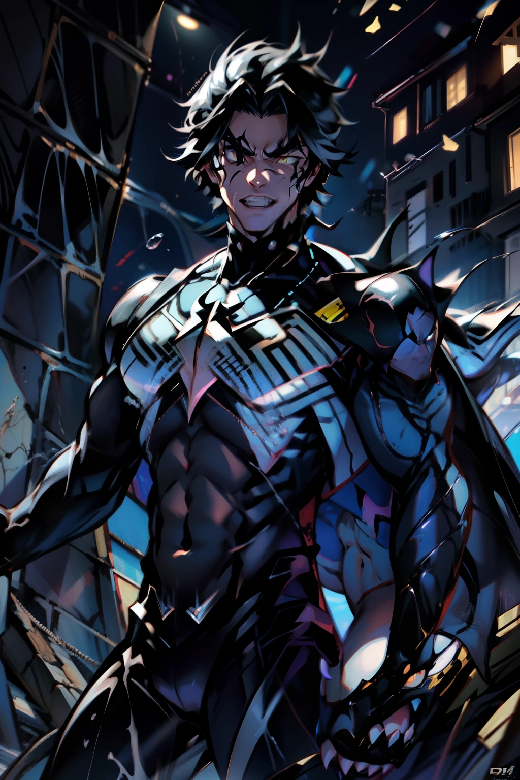 《the original god》Arataki Kazuto , male people， chest muscle， Sexy , Venom symbiote for your body, Black mucus of the body , into venom, venomize，Black bodysuit，（Cloak），Red cape，Abs，（Adult male）（（Venom possession，venom symbiote）），over-Tortoise Man，Battle damage，((Masterpiece)), ((Best quality)), Ultra detailed,((illustration)), Dynamic Angle, Detailed light, (Delicate eyes), Floating, 1boy, Male focus, Head, Clothing, Yellow eyes, necklace, tattoo, (Forehead:0.8), (ahoge:0.8), jewelry, brunette color hair,apathy，Ray， chest muscle， Sexy , Venom symbiote for your body, Black mucus of the body , （into venom）, Venom，frontage，Bust photo，White tight-fitting top，spiderman outfit，style of anime4 K， 4K anime wallpaper， Badass anime 8 K， 4 k comic wallpaper， young anime man， Anime boys， Anime wallpapers 4 k， Anime wallpaper 4K， High quality anime art style， Anime moe art style， Anime art wallpaper 8 K， Anime art wallpaper 4 K， RGB lighting，