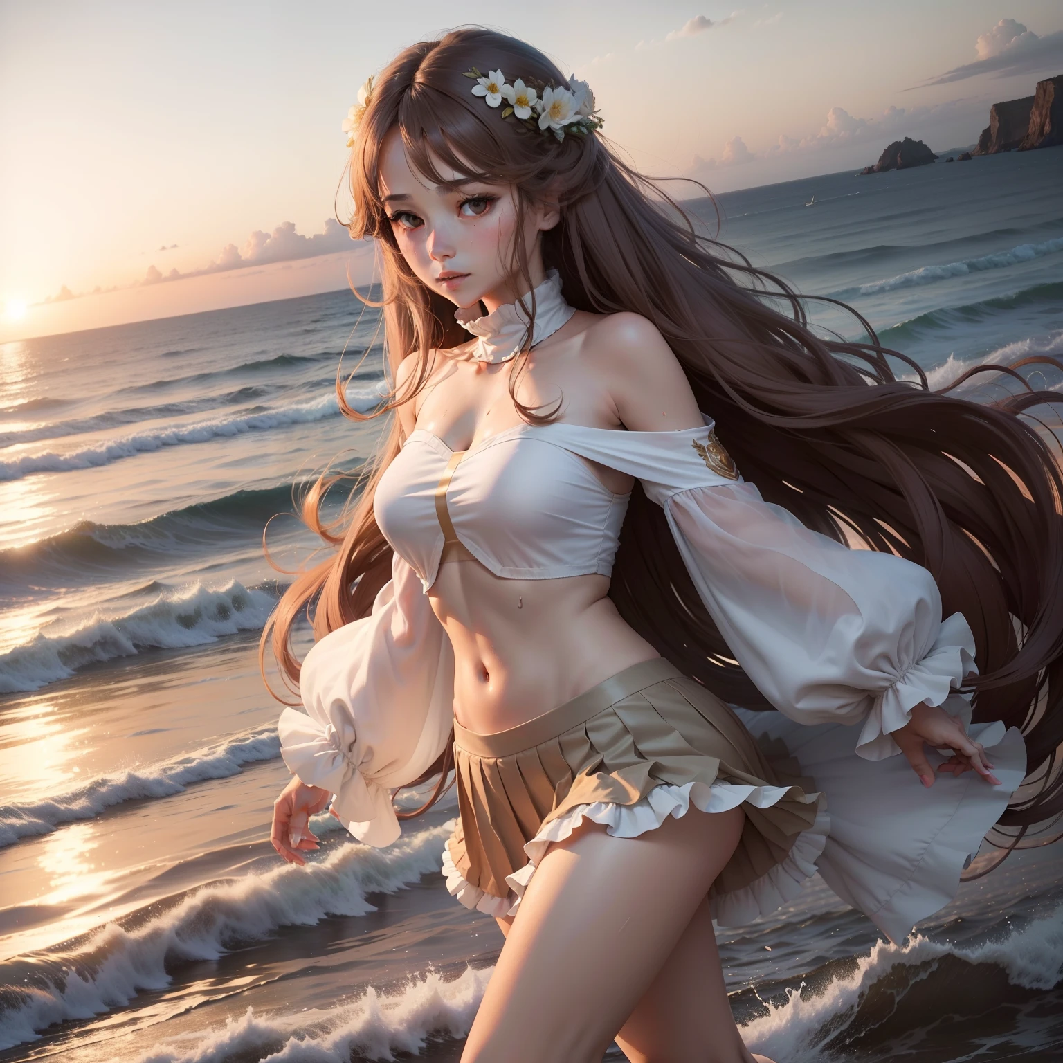 A beautiful royal sister type running by the sea in the sunset,She has fluffy brown flowing hair,Sweating 2.0 Wear white miniskirt pleated leg height medium and long-range