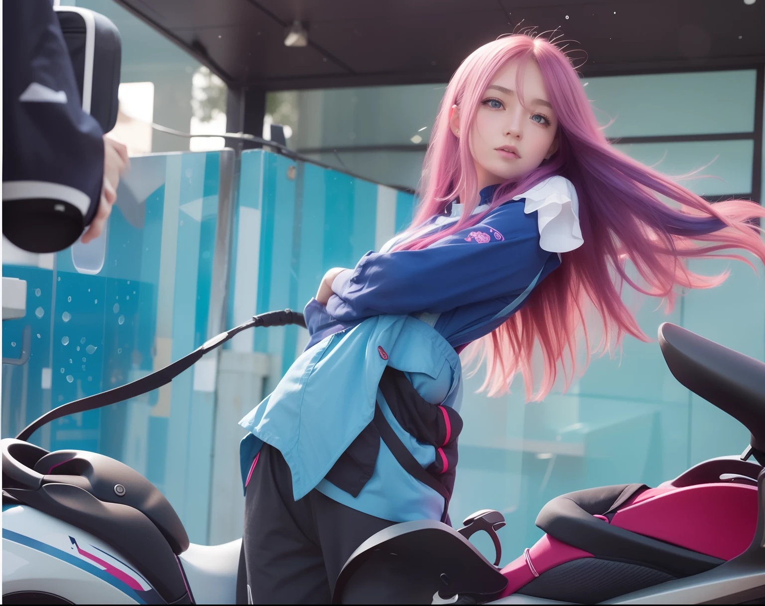 1girl novaria, blue shirt, long hair, pink hair, realistic, ultra detail, 70mm lens,