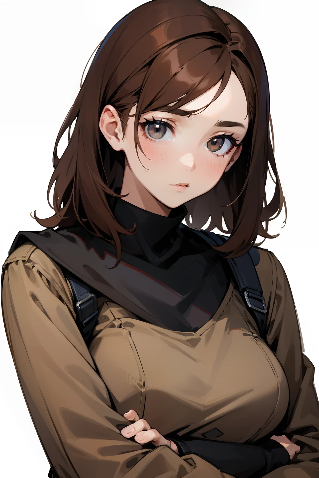 Adult woman with brown hair, whitebackground