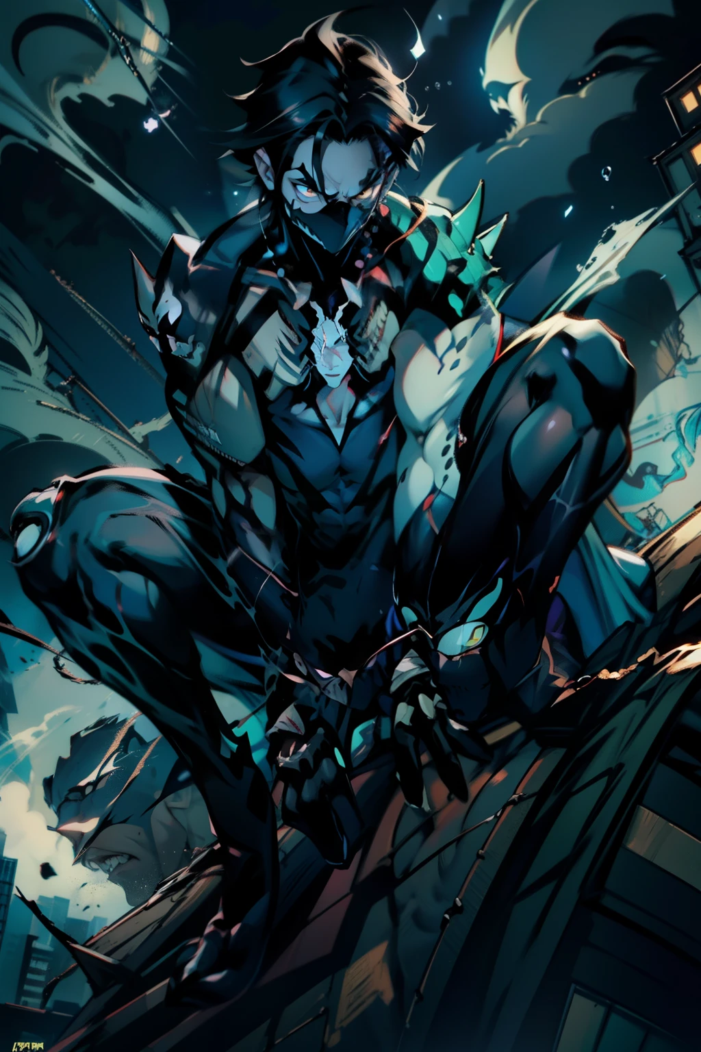 《the original god》Arataki Kazuto , male people, chest muscle, Sexy , Venom symbiote for your body, Black mucus of the body , into venom, venomize,Black bodysuit,(Cloak),Red cape,Abs,(Adult male)((Venom possession,venom symbiote)),over-Tortoise Man,Battle damage,((Masterpiece)), ((Best quality)), Ultra detailed,((illustration)), Dynamic Angle, Detailed light, (Delicate eyes), Floating, 1boy, Male focus, Head, Clothing, Yellow eyes, necklace, tattoo, (Forehead:0.8), (ahoge:0.8), jewelry, brunette color hair,apathy,Ray, chest muscle, Sexy , Venom symbiote for your body, Black mucus of the body , (into venom), Venom,frontage,Bust photo,White tight-fitting top,spiderman outfit,style of anime4 K, 4K anime wallpaper, Badass anime 8 K, 4 k comic wallpaper, young anime man, Anime boys, Anime wallpapers 4 k, Anime wallpaper 4K, High quality anime art style, Anime moe art style, Anime art wallpaper 8 K, Anime art wallpaper 4 K, RGB lighting,