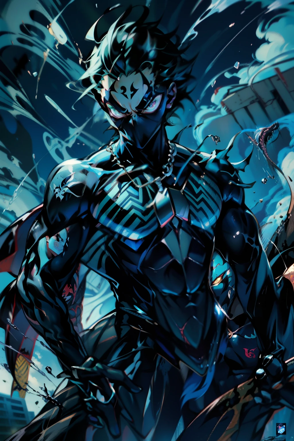 《the original god》Arataki Kazuto , male people， chest muscle， Sexy , Venom symbiote for your body, Black mucus of the body , into venom, venomize，Black bodysuit，（Cloak），Red cape，Abs，（Adult male）（（Venom possession，venom symbiote）），over-Tortoise Man，Battle damage，((Masterpiece)), ((Best quality)), Ultra detailed,((illustration)), Dynamic Angle, Detailed light, (Delicate eyes), Floating, 1boy, Male focus, Head, Clothing, Yellow eyes, necklace, tattoo, (Forehead:0.8), (ahoge:0.8), jewelry, brunette color hair,apathy，Ray， chest muscle， Sexy , Venom symbiote for your body, Black mucus of the body , （into venom）, Venom，frontage，Bust photo，White tight-fitting top，spiderman outfit，style of anime4 K， 4K anime wallpaper， Badass anime 8 K， 4 k comic wallpaper， young anime man， Anime boys， Anime wallpapers 4 k， Anime wallpaper 4K， High quality anime art style， Anime moe art style， Anime art wallpaper 8 K， Anime art wallpaper 4 K， RGB lighting，
