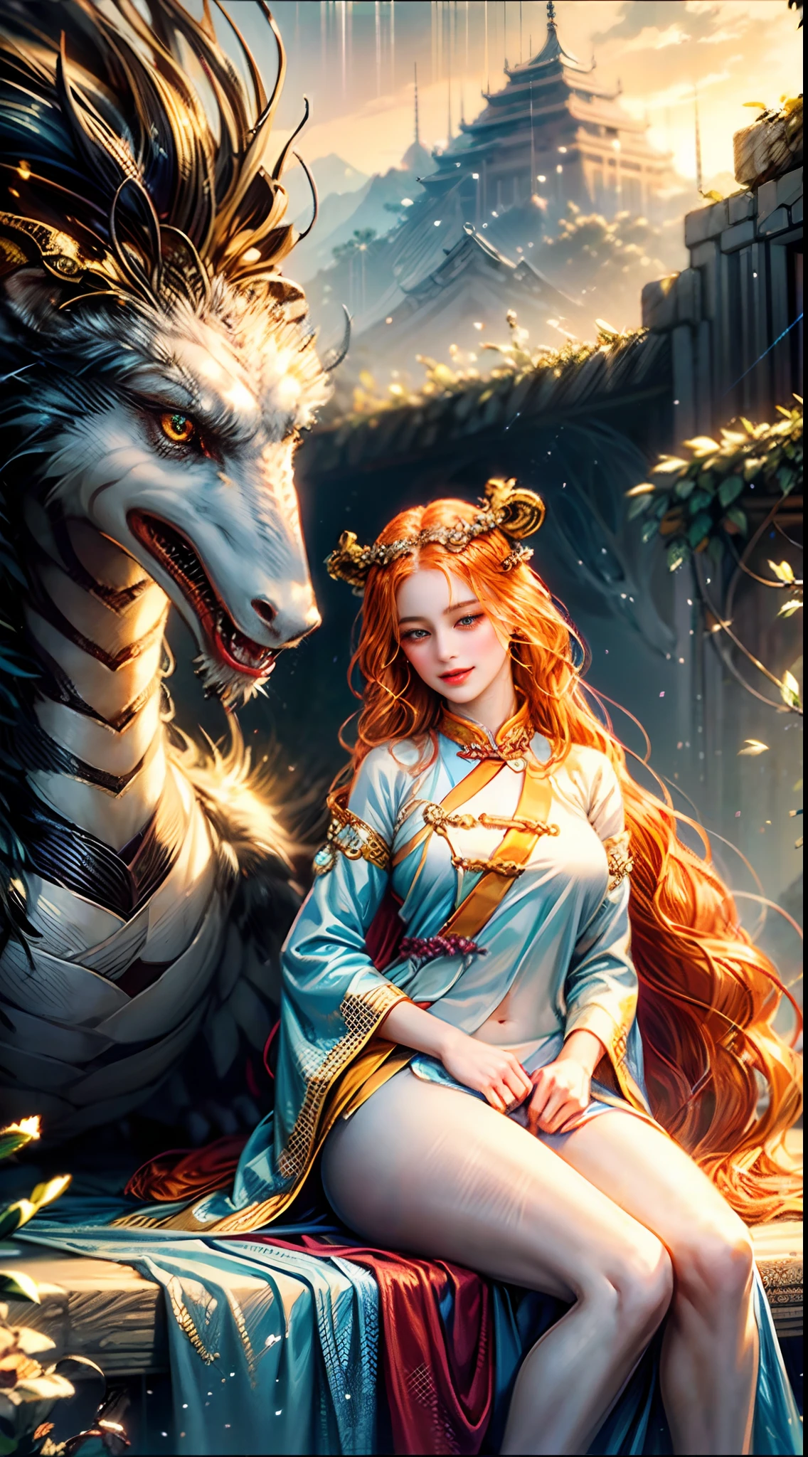 (Realistic, Photo Realistic: 1.3), Extremely Refined and Beautiful, Amazing, Fine Detail, (Best Illustration), (Best Shadow), Intricate, (Behind an Orange Chinese Dragon (Dragon: 1.4), Surrounded by Flames, Black Mountains, Trees, Magma, Wind, Long Wavy Body, Fangs, Fantasy, Mythology, High Quality, Highly Detailed, Epic, Particle Effects, Dynamic Effects, Surround), Clouds, Sunset, Sharp Focus, Volumetric Fog, 8k Ultra HD, DSLR, High Quality, (Film Grain: 1.4), Fujifilm XT3,Official Art, Unified 8K Wallpaper, Super Detailed, Beautiful and Beautiful, Best Quality, (Tangled, Entangled), (Fractal Art: 1.4), 1 Girl, Chinese, Gorgeous Hanfu Short Skirt, Calf, Navel, Very Detailed, Dynamic Angle, Denim Shot, (Most Beautiful Chaotic Shape), Flow, (Bright Colors), OC, (Half: 1.2), China, (Tape: 1.3), (Dream: 1.5), (Hanfu: 1.5), (Smile: 0.5), (Chinese God 1.3), Complex, Ultra Detailed, (Skin Dents), Female, Detailed Body, (Detailed Face: 1.1), (Contoured Iris), (Watercolor Lenses), (Perfect Eyes), Gorgeous, (Masterpiece: 1.2), (Best Quality: 1.2), Wide Buttocks, Thick Thighs, (Big Tits: 1.2) and (Big Breasts: 1.2), Detailed Background, Cinematic Light, Best Shadows, Cute Detail Face, Dramatic Light, Intricate Details, Long Flowing Hair, Ethereal Light, Wide Angle, Solo, full body, colorful, flame, charming, enchanting,, thin waist, gorgeous goddess, Buddha-figure, absurd long hair, pale gold eyes, looking at the audience, delicate patterns, precious stones, gold, diamonds, fine feathers, volumetric light, holiness, backlight, opposite, girl with antler decoration on her head, girl with orange hair