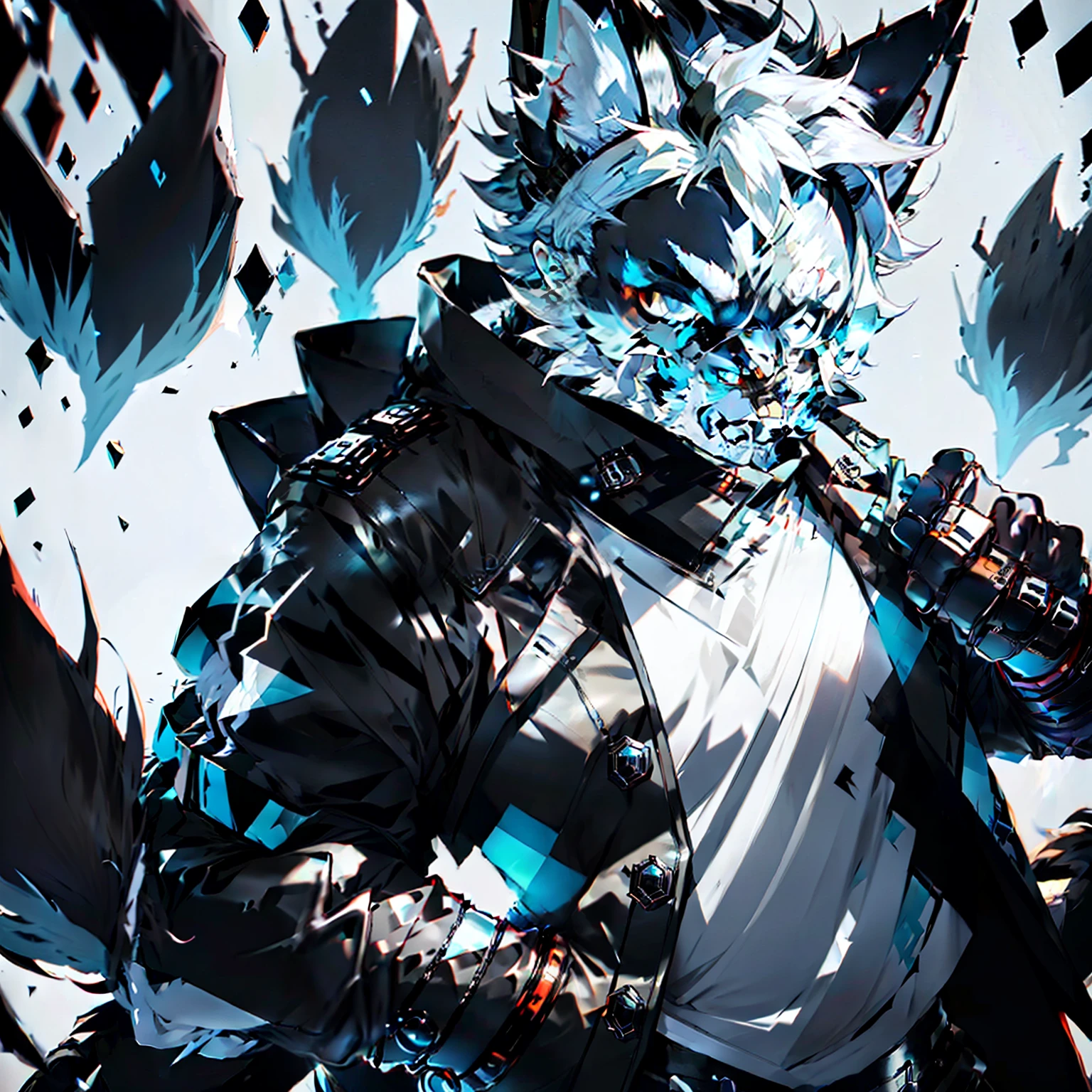 Wolf orcs with strong white hair and muscles，Dressed in black trousers and a black leather trench coat，Wear a black bowler hat，The left eye is ice-blue，The right eye is Klein blue，Fury