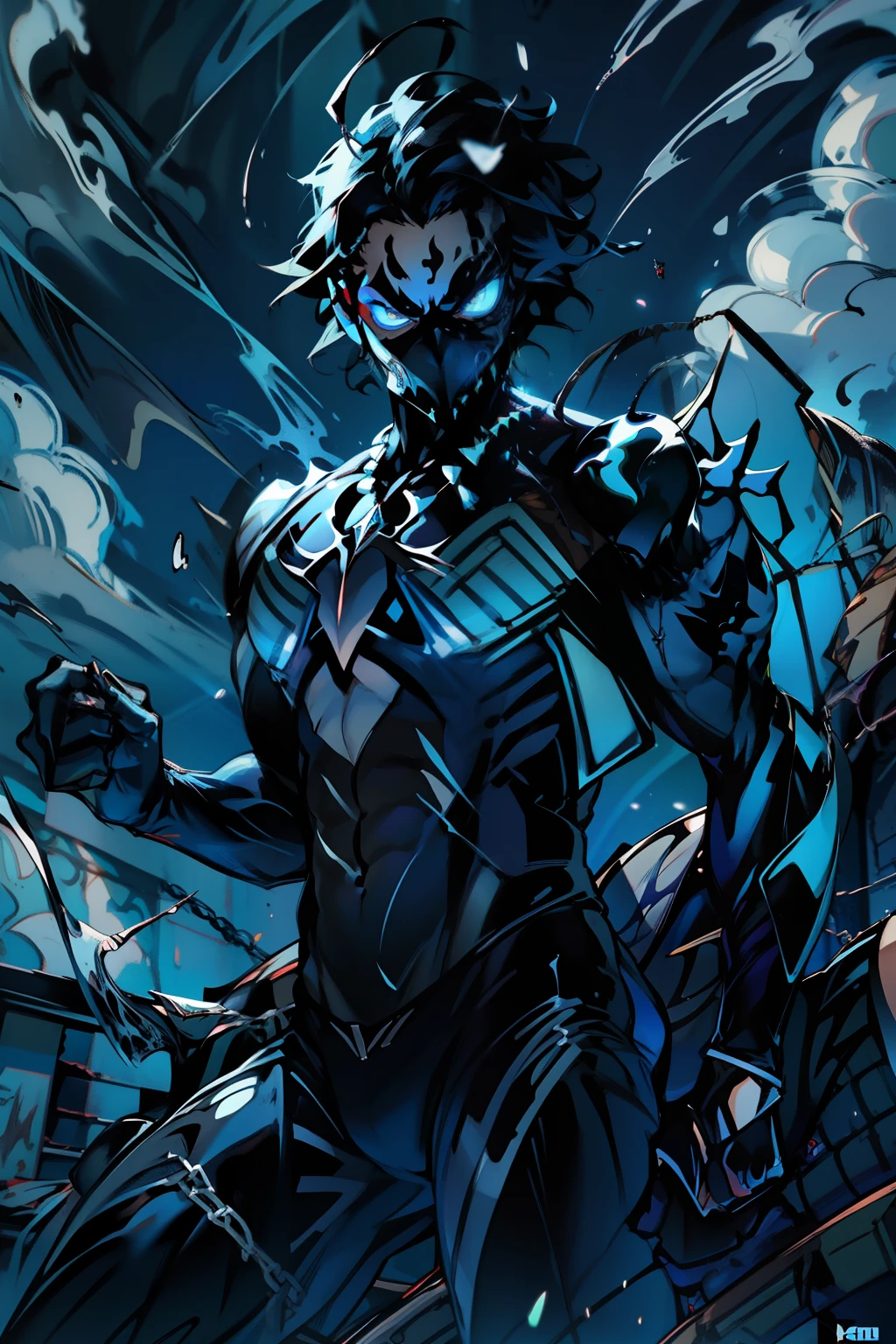 《the original god》Arataki Kazuto , male people, chest muscle, Sexy , Venom symbiote for your body, Black mucus of the body , into venom, venomize,Black bodysuit,(Cloak),Red cape,Abs,(Adult male)((Venom possession,venom symbiote)),over-Tortoise Man,Battle damage,((Masterpiece)), ((Best quality)), Ultra detailed,((illustration)), Dynamic Angle, Detailed light, (Delicate eyes), Floating, 1boy, Male focus, Head, Clothing, Yellow eyes, necklace, tattoo, (Forehead:0.8), (ahoge:0.8), jewelry, brunette color hair,apathy,Ray, chest muscle, Sexy , Venom symbiote for your body, Black mucus of the body , (into venom), Venom,frontage,Bust photo,White tight-fitting top,spiderman outfit,style of anime4 K, 4K anime wallpaper, Badass anime 8 K, 4 k comic wallpaper, young anime man, Anime boys, Anime wallpapers 4 k, Anime wallpaper 4K, High quality anime art style, Anime moe art style, Anime art wallpaper 8 K, Anime art wallpaper 4 K, RGB lighting,