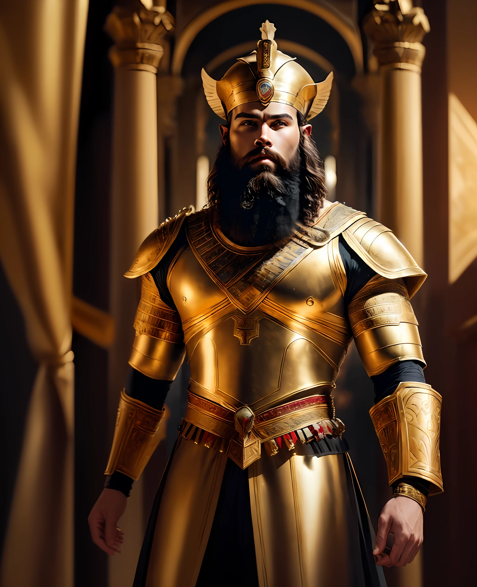 a close up of a man in a golden armor with a beard, jason momoa as assyrian, gold armour and crown, wearing gold armor, biblical epic movie, wearing golden armor, attractive beefy male with armor, gold heavy armor. dramatic, portrait of greek god ares, henry cavill as a greek god, wearing huge golden crown, attractive male with armor