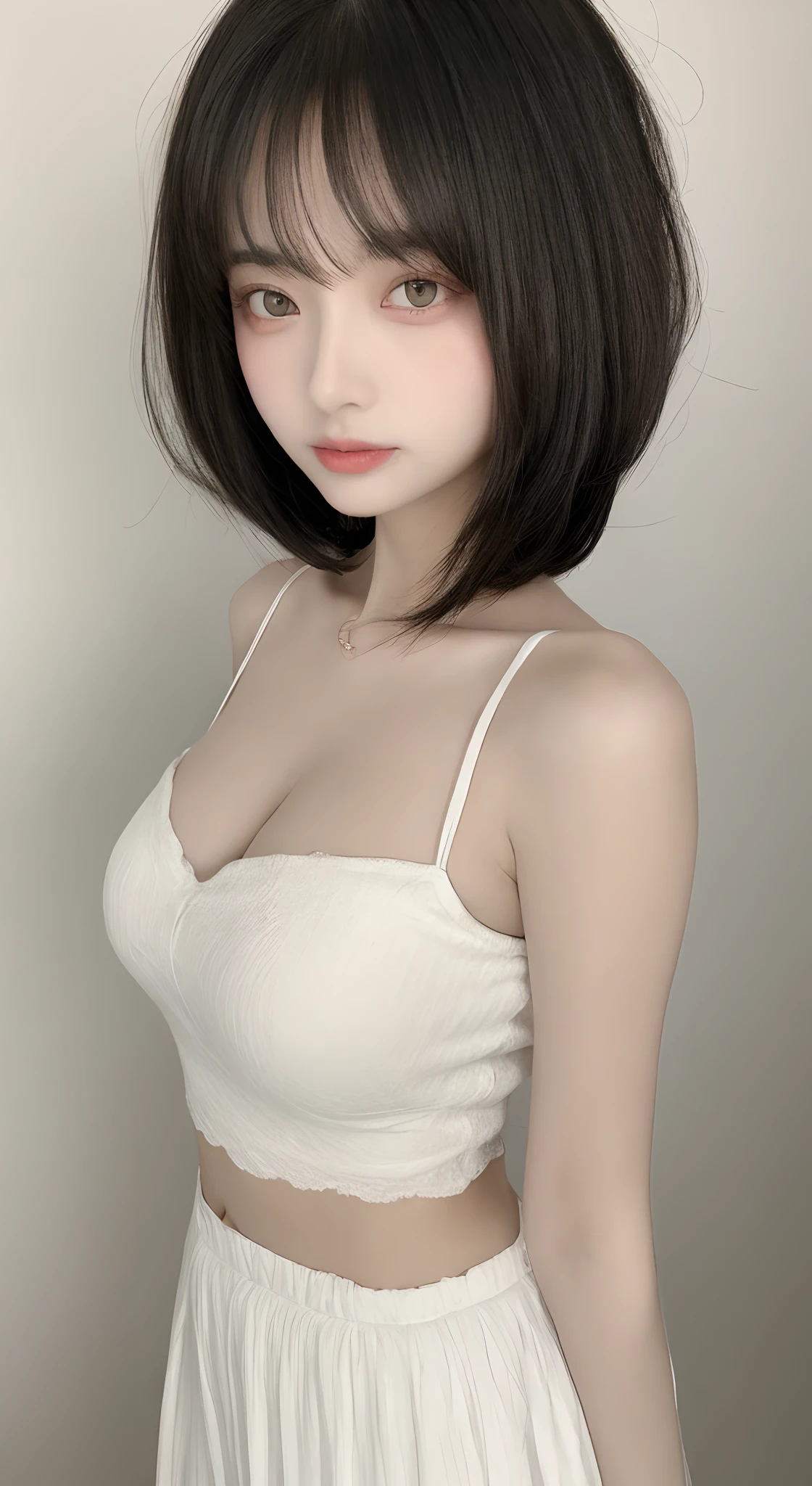 perfect figure beautiful woman:1.4,Layered Hair Style,Protruding cleavage:1.2,Bandeau:1.5,Highly Detailed Face and Skin Textur,Narrow eyes,二重まぶた,Whitens the skin,short detailed hair,full bodyesbian