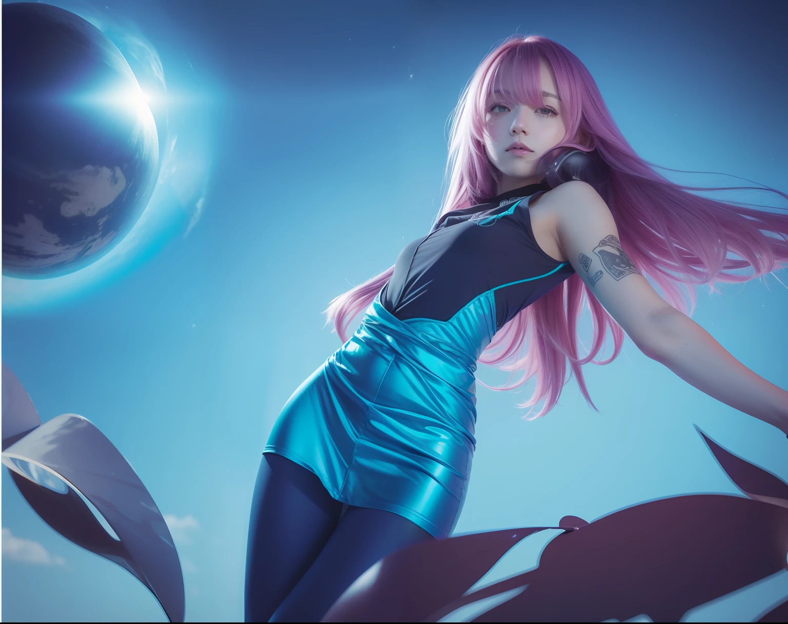1girl novaria, blue shirt, long hair, pink hair, fly in outer space, next to him was a circular object like a black hole, realistic, ultra detail, 70mm lens,