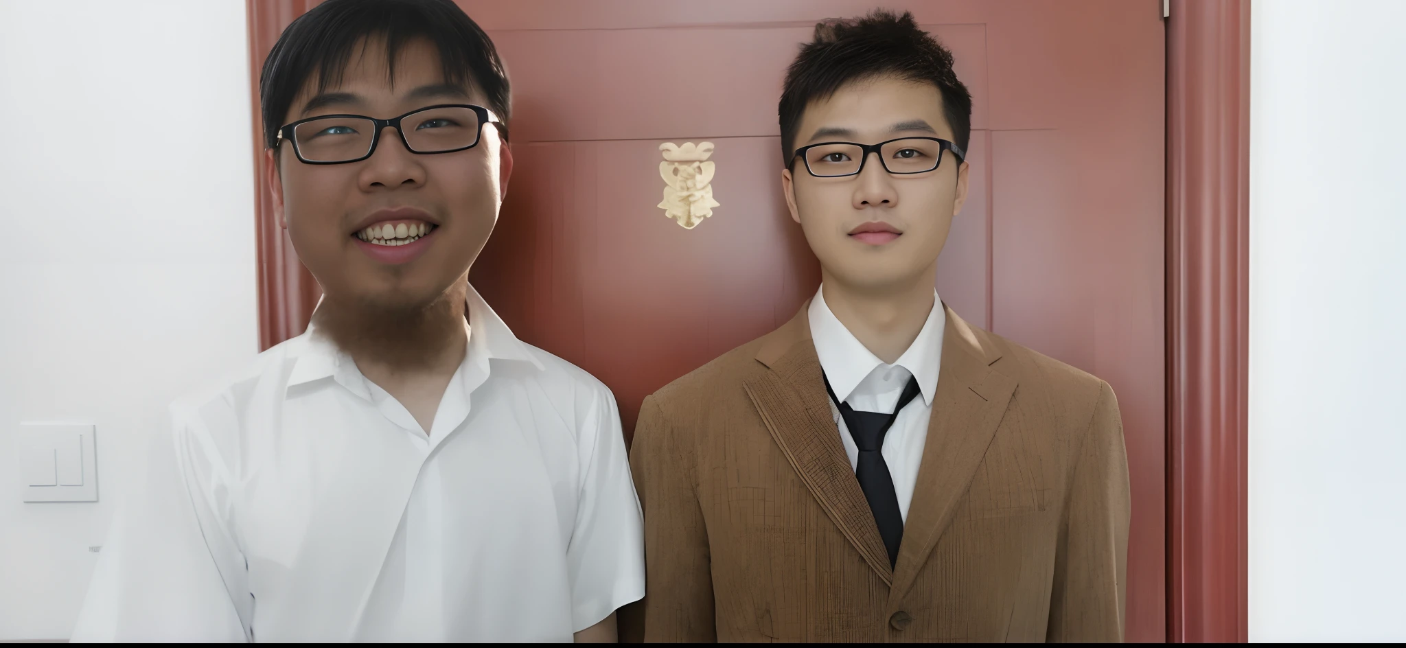 There were two young men standing side by side in front of the door, Ruan Jia and Fenghua Zhong, ruan jia and brom, yiqiang and shurakrgt, wenjun lin, yanjun cheng, lee griggs and jason chan, wear suit!, jin shan and ross tran, personal profile picture, wearing a suit and glasses