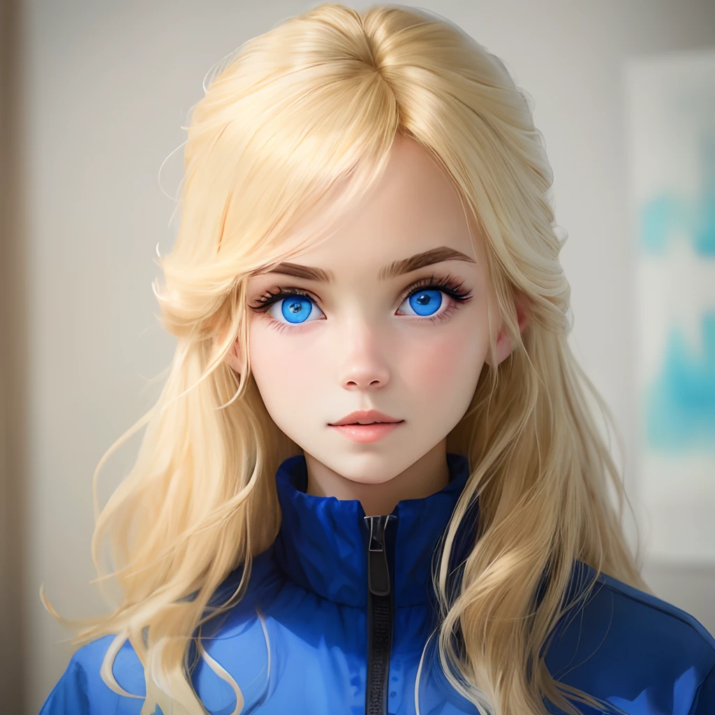 A blonde girl with big blue eyes