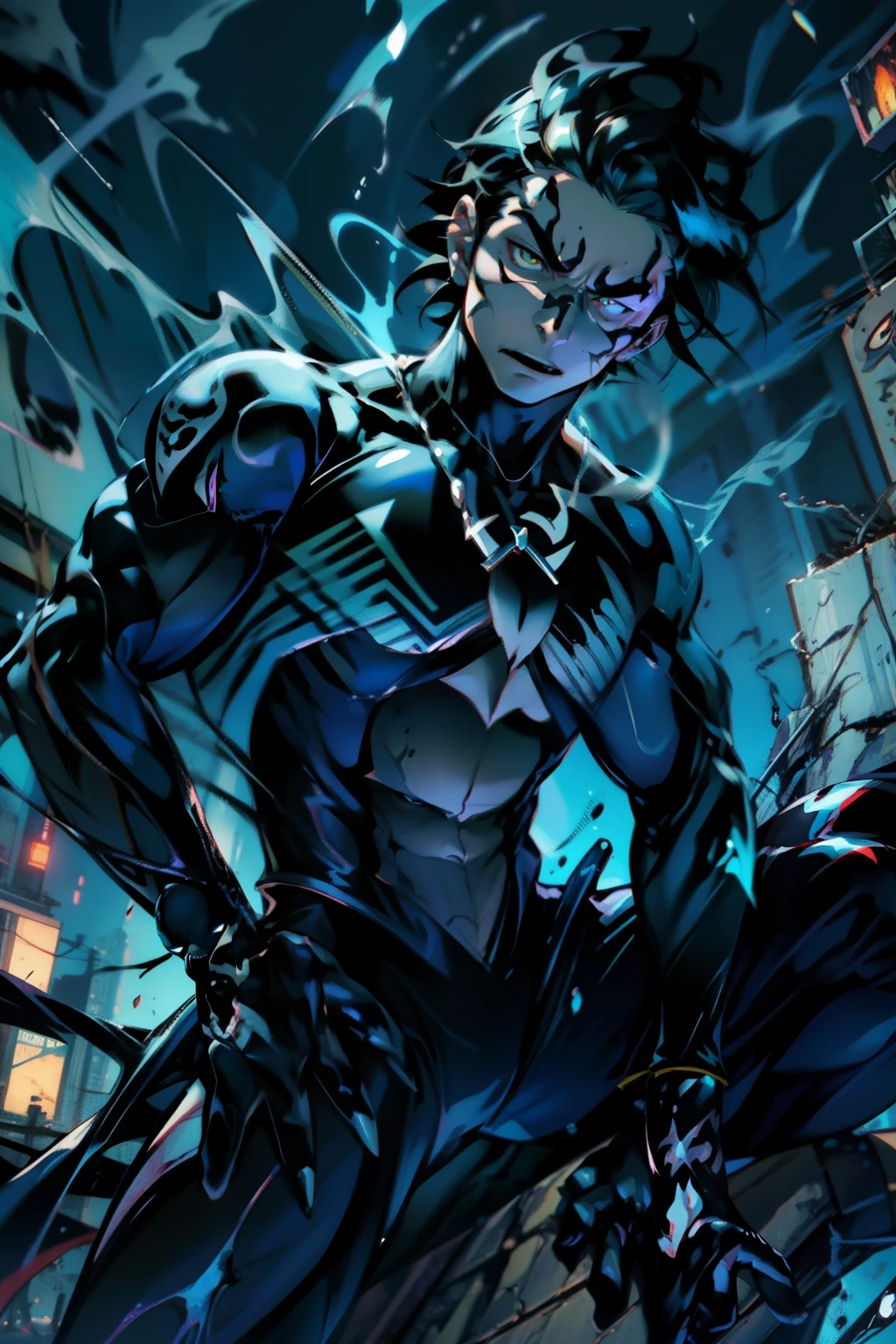 《the original god》Arataki Kazuto , male people, chest muscle, Sexy , Venom symbiote for your body, Black mucus of the body , into venom, venomize,Black bodysuit,(Cloak),Red cape,Abs,(Adult male)((Venom possession,venom symbiote)),over-Tortoise Man,Battle damage,((Masterpiece)), ((Best quality)), Ultra detailed,((illustration)), Dynamic Angle, Detailed light, (Delicate eyes), Floating, 1boy, Male focus, Head, Clothing, Yellow eyes, necklace, tattoo, (Forehead:0.8), (ahoge:0.8), jewelry, brunette color hair,apathy,Ray, chest muscle, Sexy , Venom symbiote for your body, Black mucus of the body , (into venom), Venom,frontage,Bust photo,White tight-fitting top,spiderman outfit,style of anime4 K, 4K anime wallpaper, Badass anime 8 K, 4 k comic wallpaper, young anime man, Anime boys, Anime wallpapers 4 k, Anime wallpaper 4K, High quality anime art style, Anime moe art style, Anime art wallpaper 8 K, Anime art wallpaper 4 K, RGB lighting,