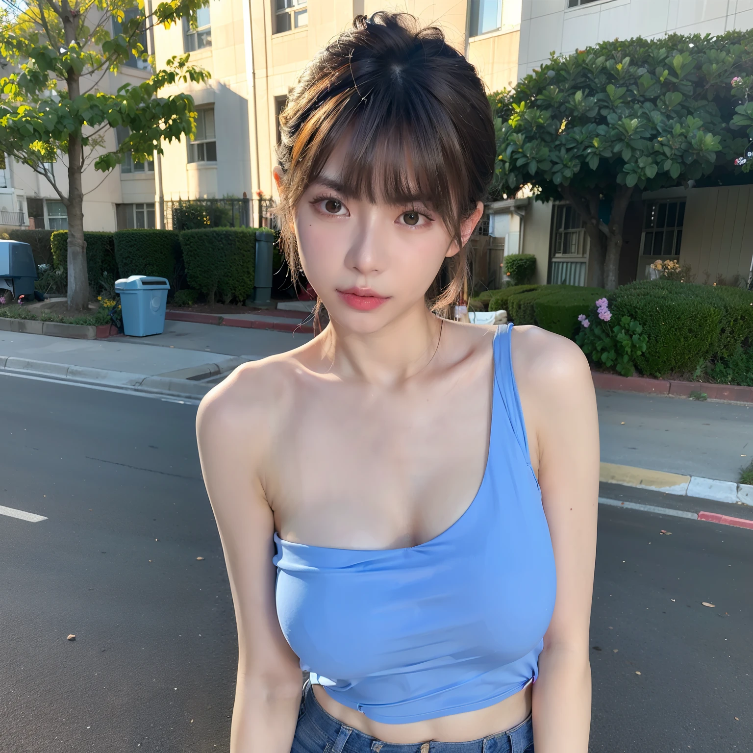 (8K, Raw photo, Best Quality, masutepiece:1.2), (Realistic, Photorealsitic:1.37), Best Quality, 超A high resolution, NFSW Backlit, light leaks, Dynamic lighting, slim, Smooth skin, (pureerosface_v1:1), bond, Navel, Kpop Idol, (Beautiful detailed eyes:1),(beautifull detailed face:1),(Freebuff:1.2), Outdoors, ulzzang-6500, 1girl in, Standing, Upper body, (:1.2), , from the front side, Front view, Looking at Viewer, Huge breasts, arms behind back, Street, Sunlight,