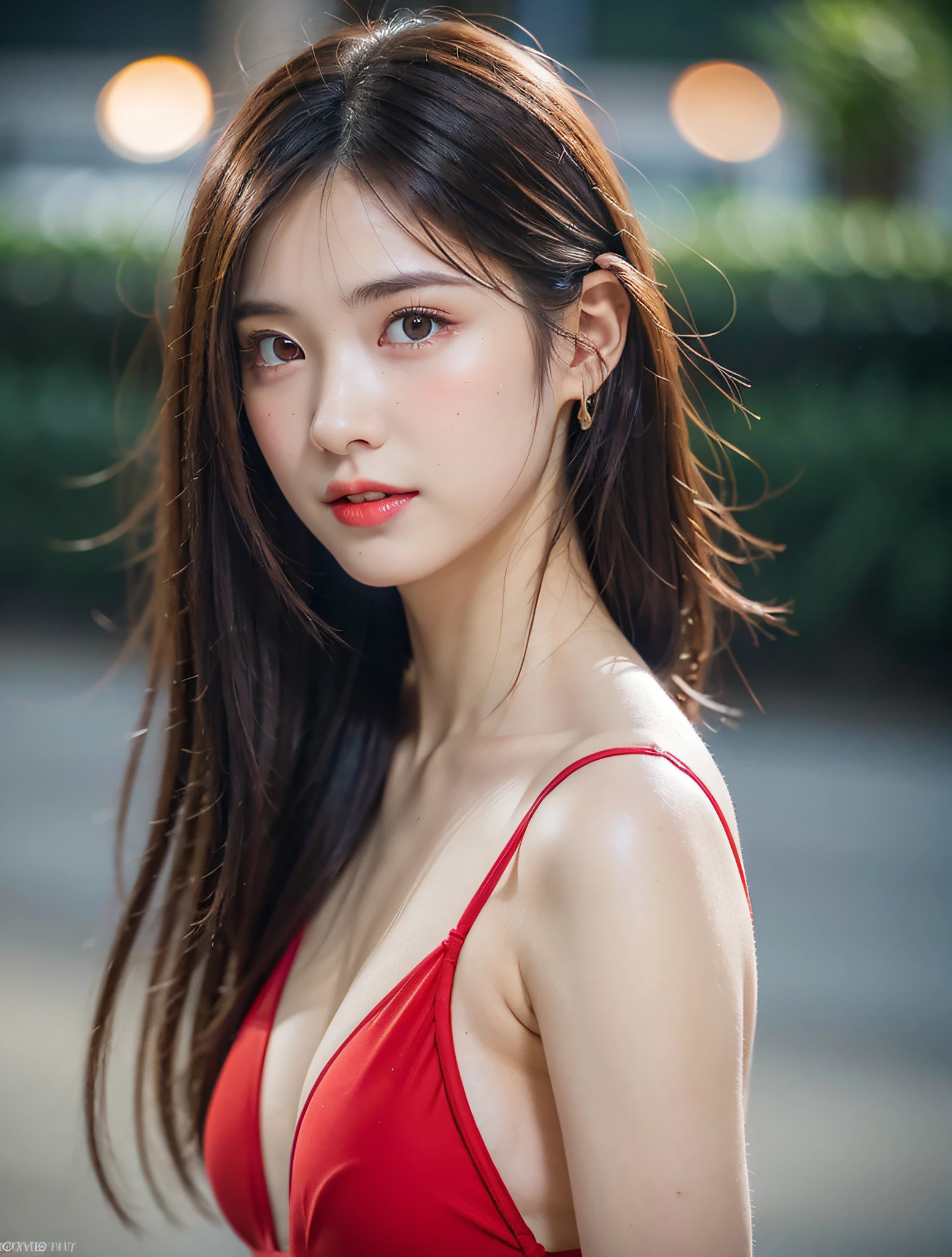 Random posture, (very delicate and beautiful work), (masterpiece), one girl, (girl in a red swimsuit:1.2), high definition, waist circumference, distorted ponytail, attractive expression, beautiful clear eyes, green pupils, delicate earrings, fairy ears, simple blurred background, very detailed description, beautiful face, delicate figure, thin collarbone, beautiful lips, beautiful breasts sts, soft back view, mix4, (8K, RAW Photos, Top Quality, Masterpieces: 1.2), (Realistic, Photorealistic: 1.37), One Girl, Cute, Cityscape, Night Rain, Professional Lighting, Photon Mapping, Radiosity, Physically Based Rendering, (shiny skin:1.2)