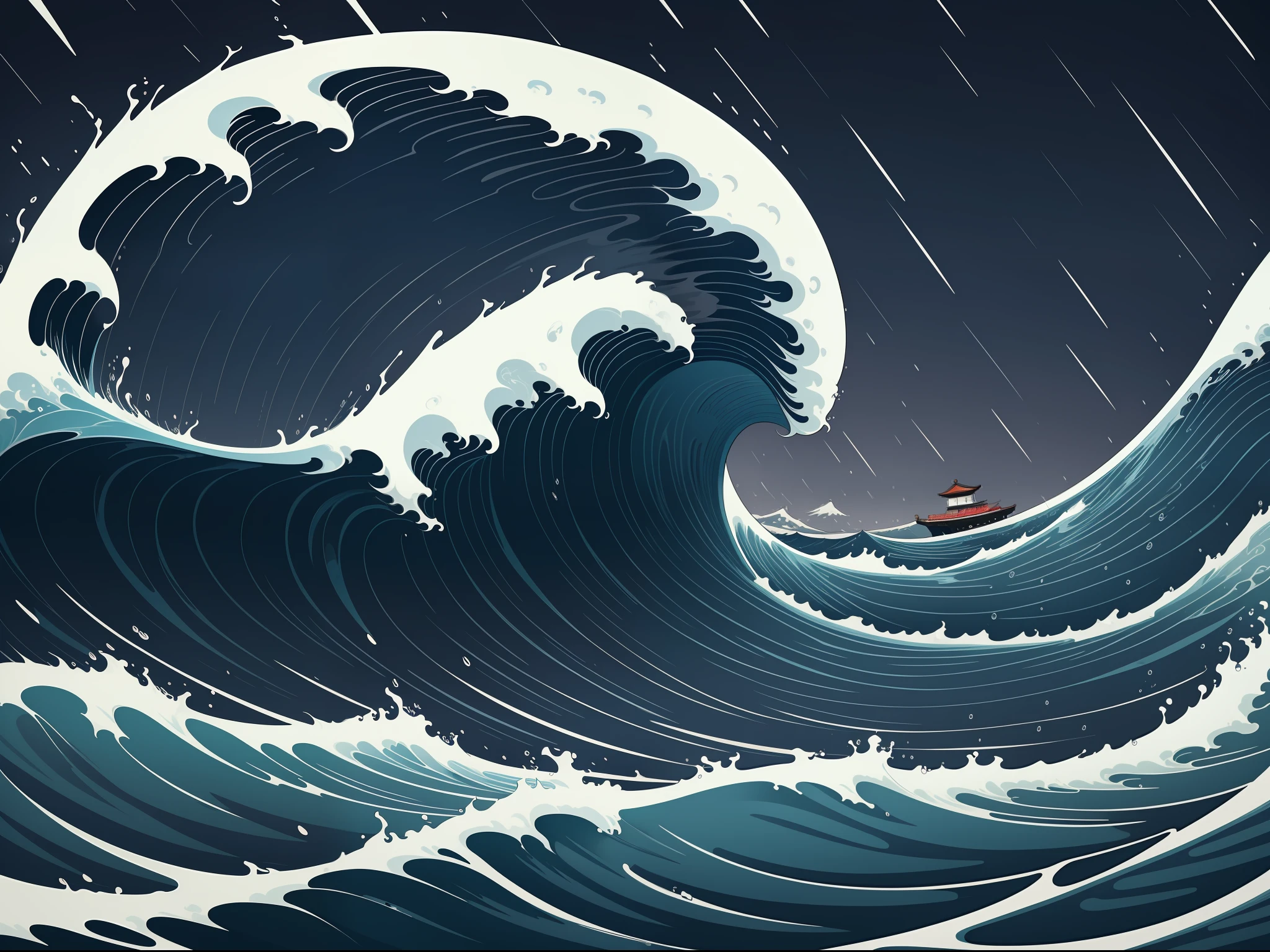 Katsushika Hokusai-style line art design,Hokusai-style dark blue rough wave pattern design,With the highest quality,Masterpiece high-resolution ukiyo-e style,Artistic style,Ukiyo-e style,3D vector art,adobe ilustrator,4K resolution,(Sea wings are waves:1.2),(The waves in the sky are rain:1.2),(Hail shakes:1.3)