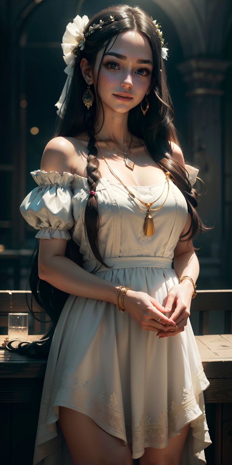 Best quality, masterpiece, high resolution, 1girl, clear silk porcelain dress, beautiful face, hair accessories, looking at the audience, smiling, close your mouth, lips, dress, hair accessories, necklaces, jewelry, long hair, earrings, beautiful face, on the body, Tindal effect, realism, dark studio, edge lighting, two-tone lighting, (high detail skin: 1.2), 8k UHD, DSLR, soft light, high quality, volumetric lighting, photo, high resolution 4K, 8k, blurred background --auto