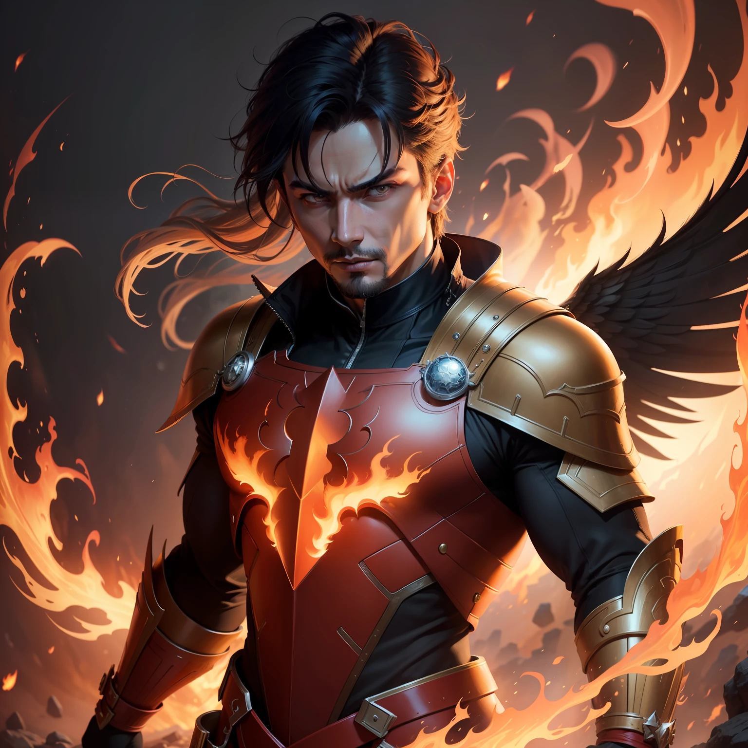 "Premium quality，Detailed CG image，Beautiful picture，Diluc character design，Diluc's image is detailed and realistic，Diluc's expression was deep，raging fire，Don't look at it，Burning flame in the background，With smoke effect，Dynamic light and shadow，Sunset light，Homem-Imponente，Heroic demeanor"