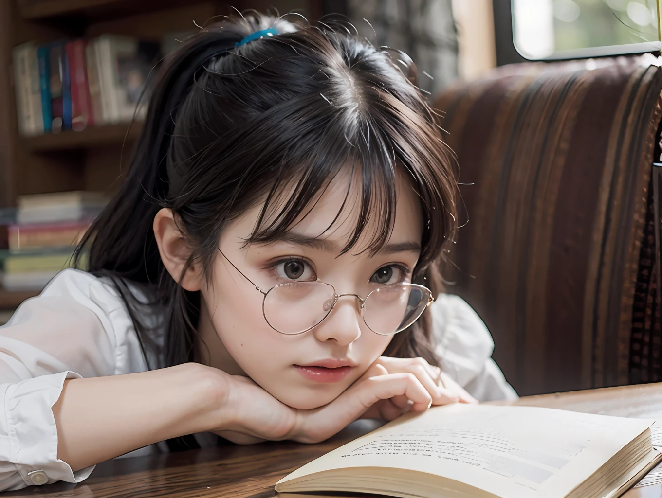20 yo woman, brunette color hair, Short ponytail, thin frame glasses, Thinking face, (Wear an open button shirt, mediuml breasts), Sat down, Learn, BREAK BREAK BREAK, lying on the table, Take a pencil, opened book, book, glass of milk, table light, BREAK BREAK BREAK, in living room, Wall decoration, Mini library, glass window, wall clock, BREAK BREAK BREAK, cinematric light, realisticlying, tmasterpiece, Best quality at best, Complex CG,Highly detailed face,High detail eyes,Better health,Photo style