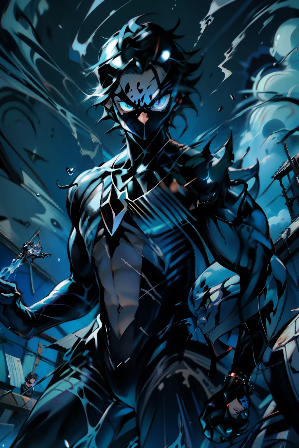 《the original god》Arataki Kazuto , male people, chest muscle, Sexy , Venom symbiote for your body, Black mucus of the body , into venom, venomize,Black bodysuit,(Cloak),Red cape,Abs,(Adult male)((Venom possession,venom symbiote)),over-Tortoise Man,Battle damage,((Masterpiece)), ((Best quality)), Ultra detailed,((illustration)), Dynamic Angle, Detailed light, (Delicate eyes), Floating, 1boy, Male focus, Head, Clothing, Yellow eyes, necklace, tattoo, (Forehead:0.8), (ahoge:0.8), jewelry, brunette color hair,apathy,Ray, chest muscle, Sexy , Venom symbiote for your body, Black mucus of the body , (into venom), Venom,frontage,Bust photo,White tight-fitting top,spiderman outfit,style of anime4 K, 4K anime wallpaper, Badass anime 8 K, 4 k comic wallpaper, young anime man, Anime boys, Anime wallpapers 4 k, Anime wallpaper 4K, High quality anime art style, Anime moe art style, Anime art wallpaper 8 K, Anime art wallpaper 4 K, RGB lighting,