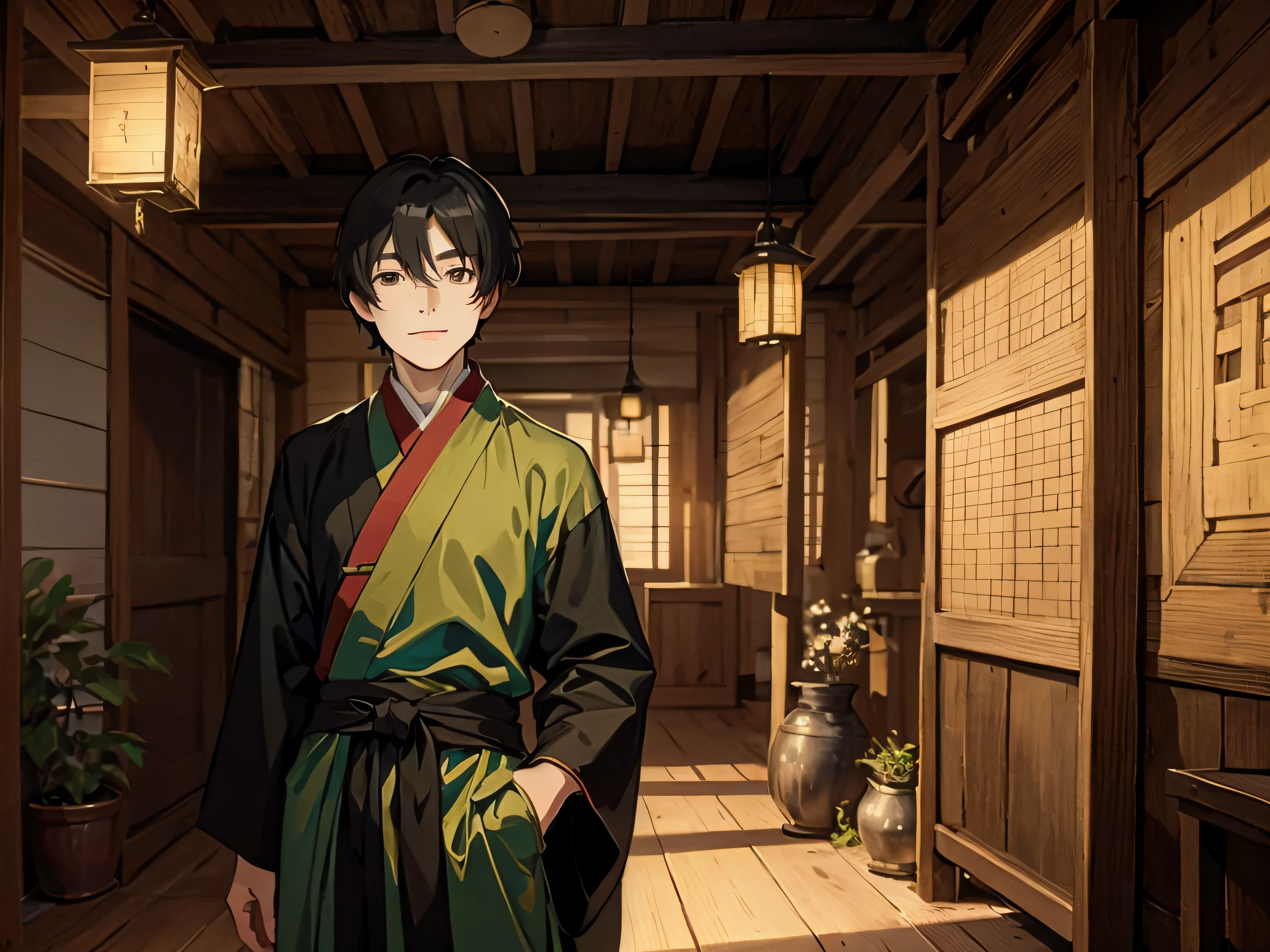 a man in black and green Hanfu, black hair, short hair, black eyes, standing, smiling, inside an ancient Chinese wooden house, low light, dark atmosphere, masterpice, ultra high res