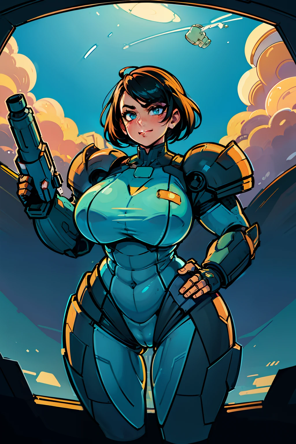 heroic woman wielding large pistol, handgun, pistol, gun, sexy, professional artwork, detailed eyes, beautiful eyes, beautiful face, flawless face, gorgeous face, smooth features, large breasts, blush, thick thighs, beautifully detailed background, chubby, thick, curvaceous, voluptuous, thick thighs, wide hips, belly, soft, full figure, big beautiful woman, pudgy, sci-fi, science fiction, future, neon lights, space ship interior, space ship, space, space visible through window, outer space, mechanical background, power armor, power suit, armored, armor, cyberpunk, cyborg, cyborg woman, cybernetics, cybernetic, robot, robotic arm, robotic leg, smiling, short hair, black hair with blue streak, red armor