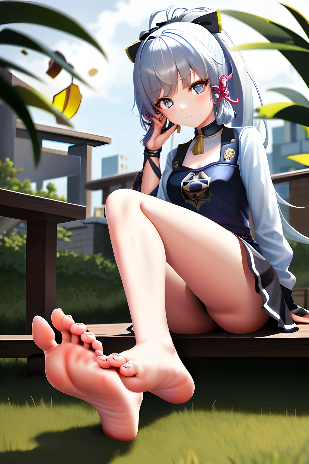 1girl, gtscity, (the feet, toes, A sole:1.4), The barefoot, sitted, hand on knee, naked leg，nakeness