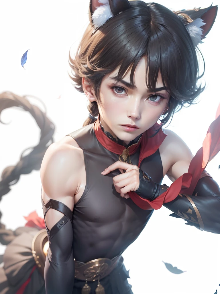 (tmasterpiece),(best qualtiy),(ultra - detailed),(Wanderers),upper body bare,the night,Sexy look,handsome,Watched longingly,Be red in the face,Tsundere features,malefocus,独奏,exteriors,clouds,standing on your feet,leafs,Skysky,Wear a headdress
