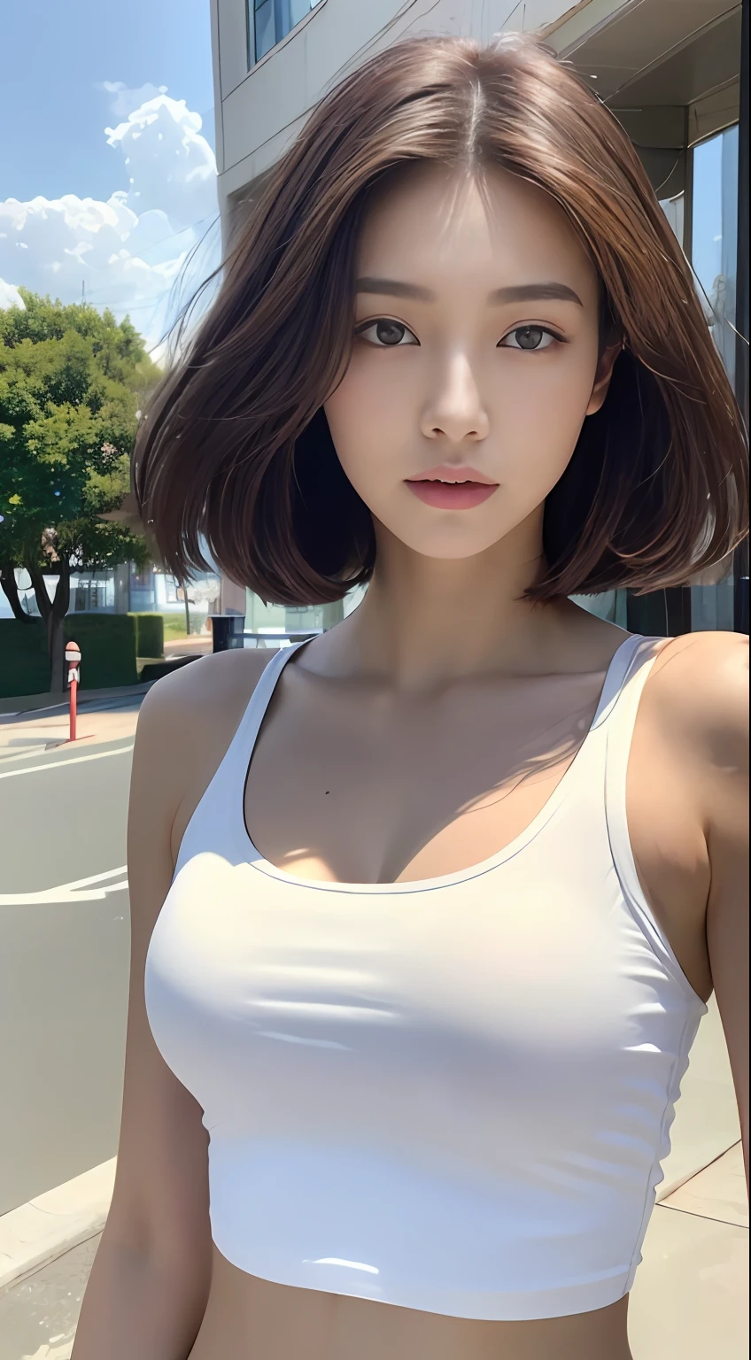 ((Realistic lighting, Best quality, 8K, Masterpiece:1.3)), Focus:1.2, 1girl, Perfect Figure:1.4, Slim Abs:1.1, ((Dark Brown Hair)), (White Crop Top: 1.4), (Outdoor, Seaside: 1.1), City Street, Super Fine Face, Fine Eyes, Double Eyelids,