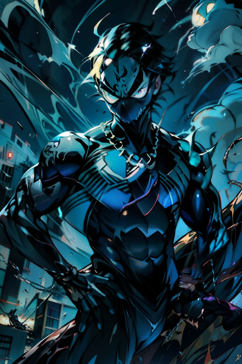 《the original god》Arataki Kazuto , male people, chest muscle, Sexy , Venom symbiote for your body, Black mucus of the body , into venom, venomize,Black bodysuit,(Cloak),Red cape,Abs,(Adult male)((Venom possession,venom symbiote)),over-Tortoise Man,Battle damage,((Masterpiece)), ((Best quality)), Ultra detailed,((illustration)), Dynamic Angle, Detailed light, (Delicate eyes), Floating, 1boy, Male focus, Head, Clothing, Yellow eyes, necklace, tattoo, (Forehead:0.8), (ahoge:0.8), jewelry, brunette color hair,apathy,Ray, chest muscle, Sexy , Venom symbiote for your body, Black mucus of the body , (into venom), Venom,frontage,Bust photo,White tight-fitting top,spiderman outfit,style of anime4 K, 4K anime wallpaper, Badass anime 8 K, 4 k comic wallpaper, young anime man, Anime boys, Anime wallpapers 4 k, Anime wallpaper 4K, High quality anime art style, Anime moe art style, Anime art wallpaper 8 K, Anime art wallpaper 4 K, RGB lighting,