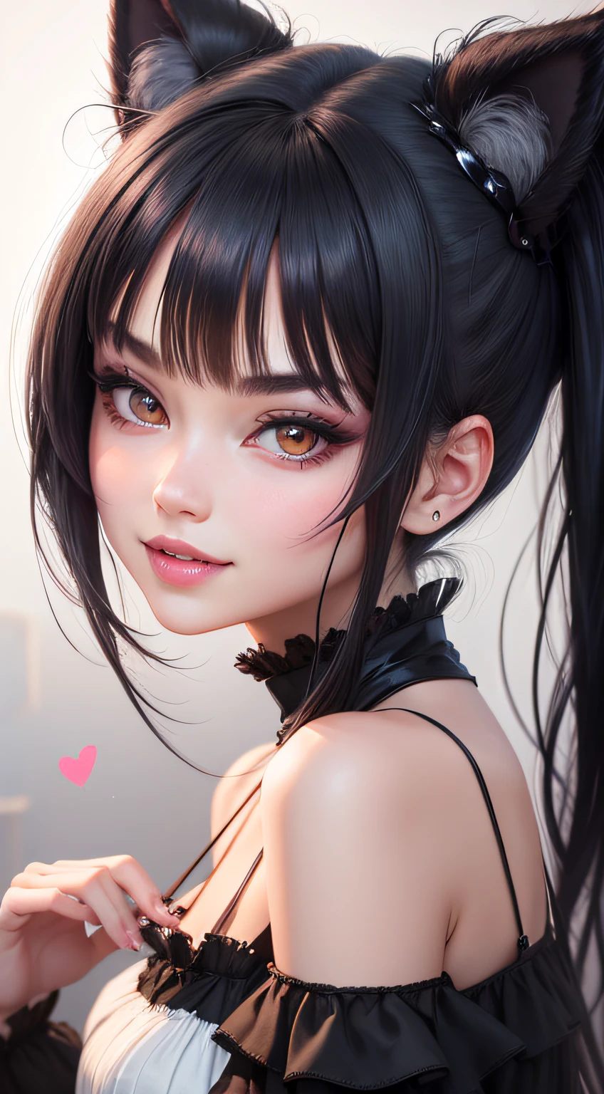 black hair, hair bobbles, wince, longeyelashes, solid circle eyes, fake animal ears, light smile, ear blush, fang, evil, oral invitation, full-face blush, saliva trail, glint, heart in eye, Surrealism, drop shadow, anaglyph, stereogram, tachi-e, pov, atmospheric perspective, 8k, super detail, ccurate, best quality