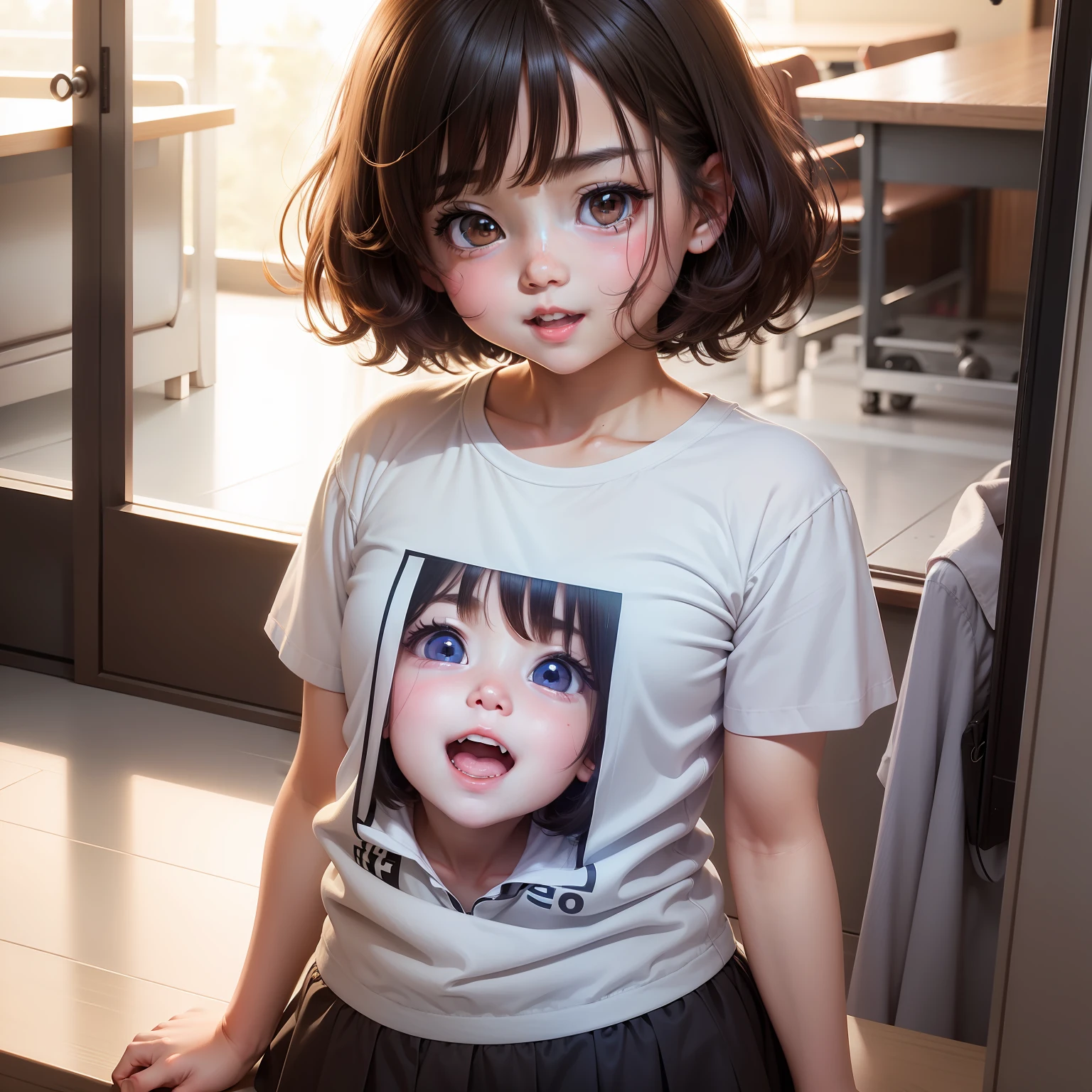 Upper eyes, li face, babig, short hair, laughing, innocent, fluffy, high school girl, shirt exposed, skewed,