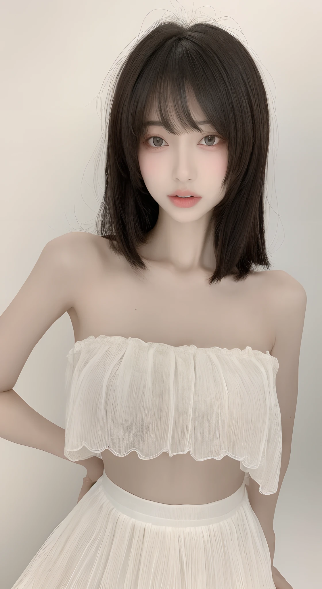 perfect figure beautiful woman：1.4，Layered Hair Style，Protruding cleavage：1.2，Bandeau：1.5，Highly Detailed Face and Skin Textur，Narrow eyes，二重まぶた，Whitens the skin，short detailed hair，full bodyesbian