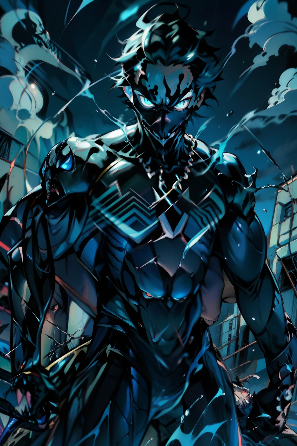 《the original god》Arataki Kazuto , male people， chest muscle， Sexy , Venom symbiote for your body, Black mucus of the body , into venom, venomize，Black bodysuit，（Cloak），Red cape，Abs，（Adult male）（（Venom possession，venom symbiote）），over-Tortoise Man，Battle damage，((Masterpiece)), ((Best quality)), Ultra detailed,((illustration)), Dynamic Angle, Detailed light, (Delicate eyes), Floating, 1boy, Male focus, Head, Clothing, Yellow eyes, necklace, tattoo, (Forehead:0.8), (ahoge:0.8), jewelry, brunette color hair,apathy，Ray， chest muscle， Sexy , Venom symbiote for your body, Black mucus of the body , （into venom）, Venom，frontage，Bust photo，White tight-fitting top，spiderman outfit，style of anime4 K， 4K anime wallpaper， Badass anime 8 K， 4 k comic wallpaper， young anime man， Anime boys， Anime wallpapers 4 k， Anime wallpaper 4K， High quality anime art style， Anime moe art style， Anime art wallpaper 8 K， Anime art wallpaper 4 K， RGB lighting，