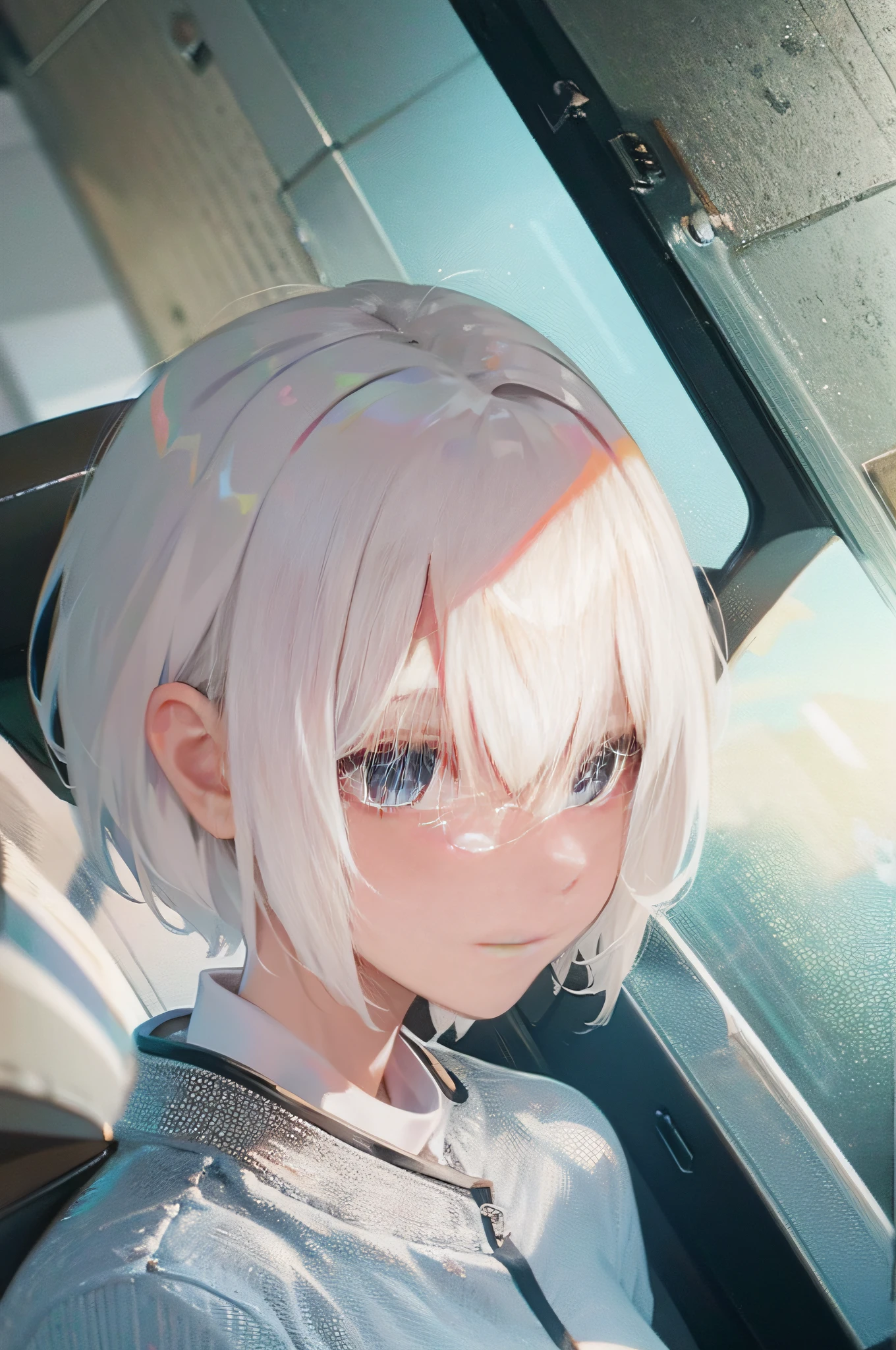 White hair, Short hair, Silver pupils