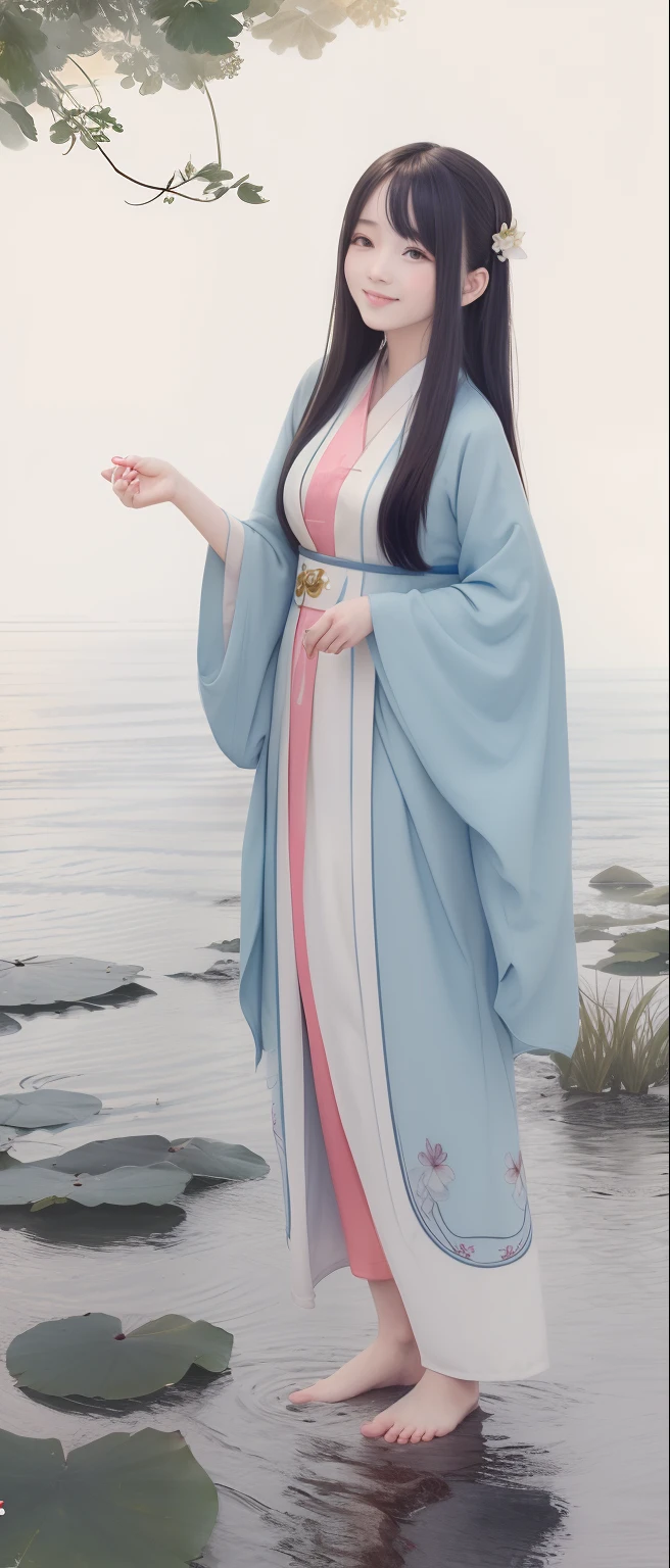 ((4k,masterpiece,best quality)), shuimobysim, traditional chinese ink painting, lotus, hanfu, maxiskit, dress conservatively 1girl, solo, long blue hair, smile, standing, feet in the water, barefoot,