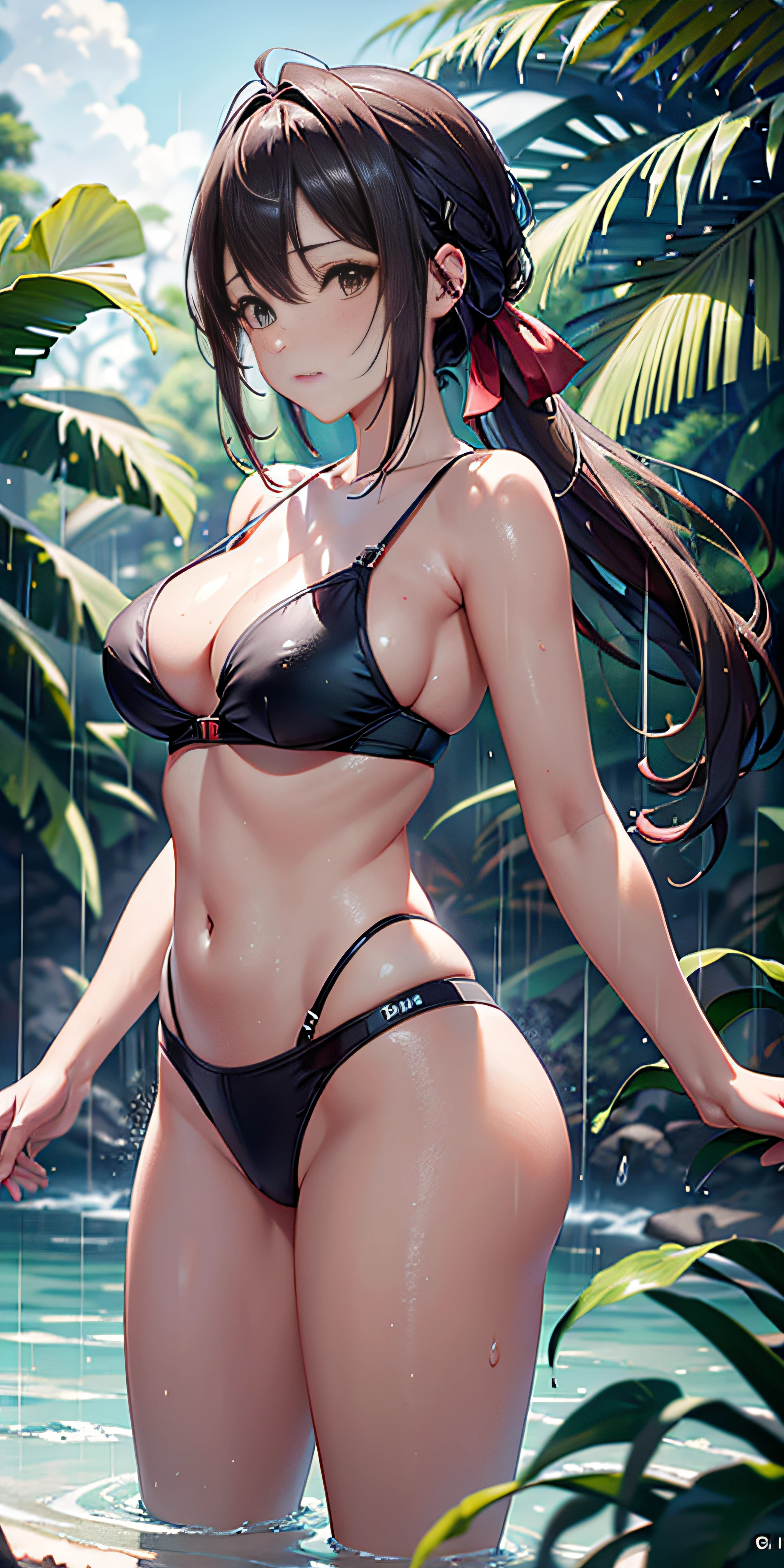 Calidad 3, Wet anime, hiper detalles, Vista de cuerpo completo, Wet anime 20-year-old white woman with randomly dyed hair Wet hair tied back with a red ribbon Her eyes are the same color as her wet hair, delgado, super close-fitting clothes: tapa blanca de tubo Nano y Nano Lycras, A jungle background under a constant torrential rain that soaked them, Backward wet posture, (complexion delgada, hermoso y perfecto cuerpo), cara coqueta, pedestal invisible, movie grain, Colores Fuji, Contraste de luz y sombra, piel texturizada, dynamic pose, realismo, luz del sol, alto contraste, HDR (High Dymanic Range), Trazado de rayos, NVIDIA RTX, Super resolution, Irreal 5, Sub-Surface Scatterring, Textura PBR, Post procesamiento, Anisotropic filtering, profundidad de campo, Maximum clarity and sharpness, Texturas multicapa, Albedo y mapas especulares, Sombreado de superficies, Accurate simulation of light-material interaction, proporciones perfectas, Renderizado de alto octanaje, two-color illumination, amplia apertura, ISO bajo, 8k,CANON EOS professional lens 50mm camera
