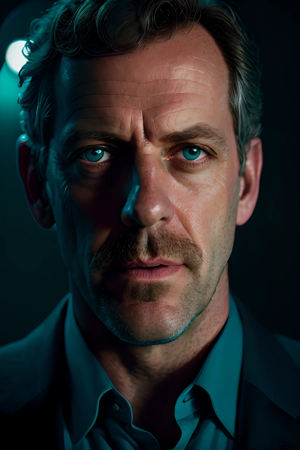 portrait of a award winning photo of hugh laurie posing in a dark studio, (rim lighting,:1.4) two tone lighting, sharp focus, teal hue, octane, unreal, dimly lit, low key, Indian male,