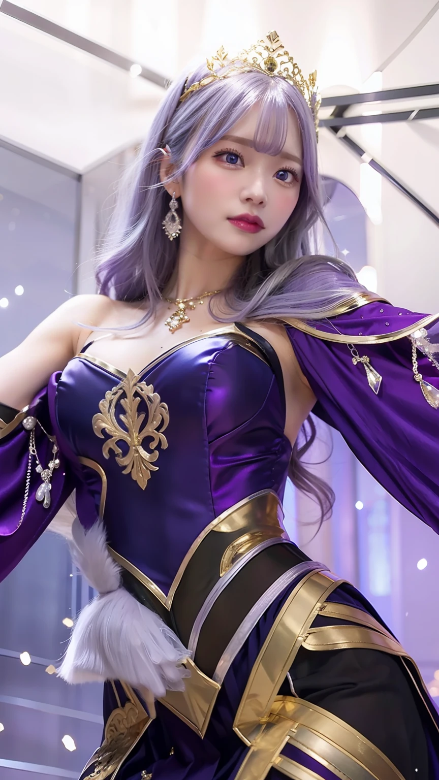 Guinevere amethyst dance,Gold purple dress, silver hair, blue eyes
