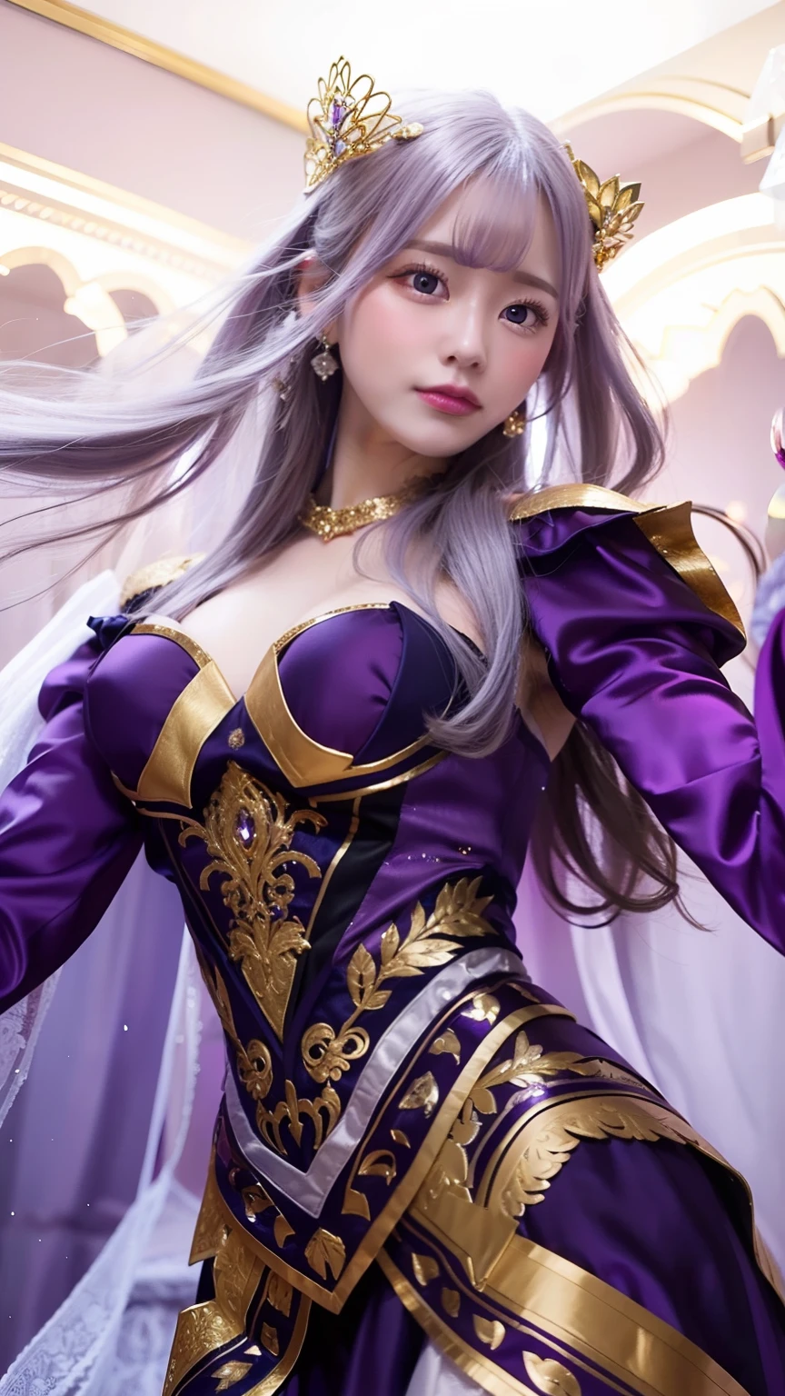 Guinevere amethyst dance,Gold purple dress, silver hair, blue eyes