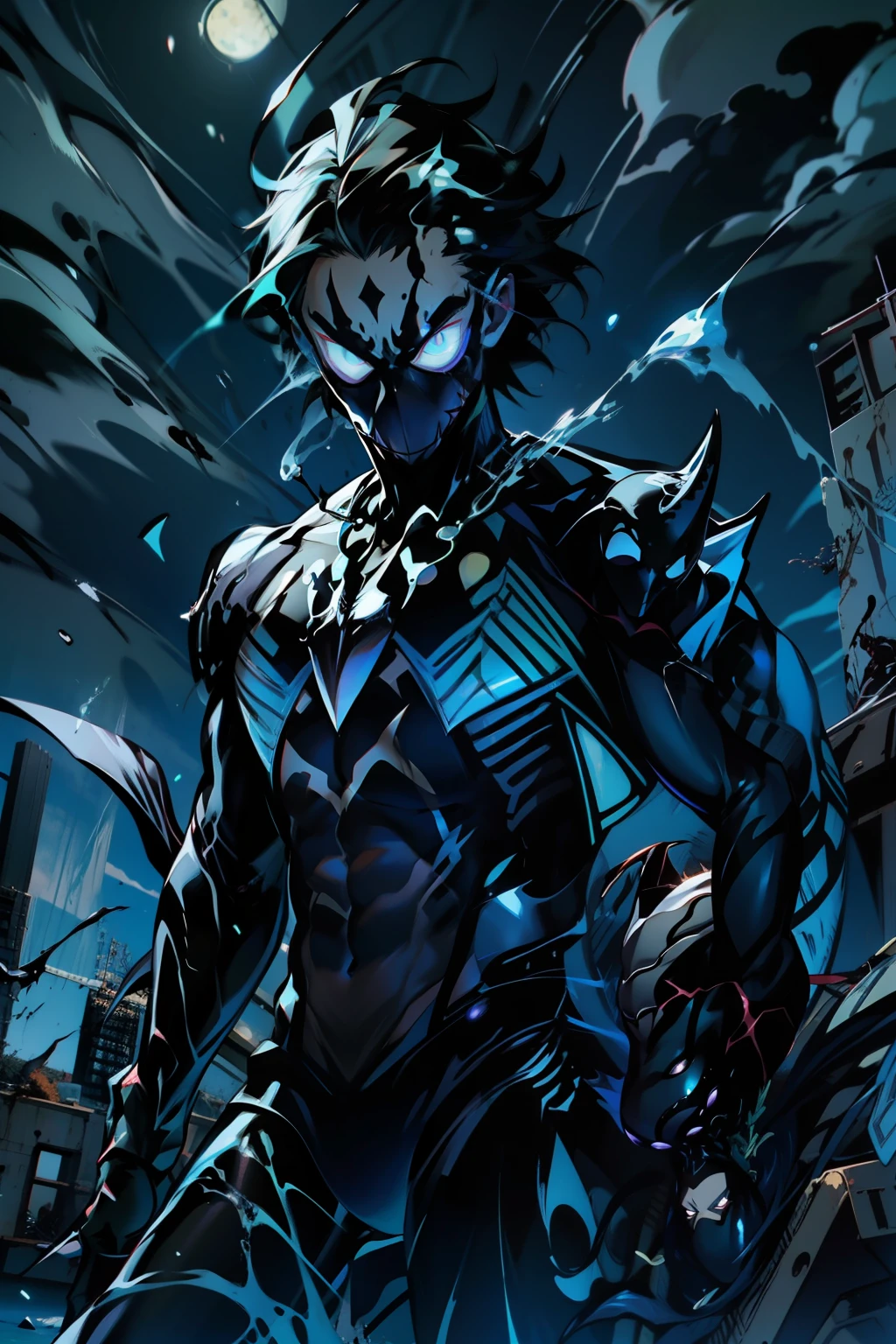 《the original god》Arataki Kazuto , male people, chest muscle, Sexy , Venom symbiote for your body, Black mucus of the body , into venom, venomize,Black bodysuit,(Cloak),Red cape,Abs,(Adult male)((Venom possession,venom symbiote)),over-Tortoise Man,Battle damage,((Masterpiece)), ((Best quality)), Ultra detailed,((illustration)), Dynamic Angle, Detailed light, (Delicate eyes), Floating, 1boy, Male focus, Head, Clothing, Yellow eyes, necklace, tattoo, (Forehead:0.8), (ahoge:0.8), jewelry, brunette color hair,apathy,Ray, chest muscle, Sexy , Venom symbiote for your body, Black mucus of the body , (into venom), Venom,frontage,Bust photo,White tight-fitting top,spiderman outfit,style of anime4 K, 4K anime wallpaper, Badass anime 8 K, 4 k comic wallpaper, young anime man, Anime boys, Anime wallpapers 4 k, Anime wallpaper 4K, High quality anime art style, Anime moe art style, Anime art wallpaper 8 K, Anime art wallpaper 4 K, RGB lighting,