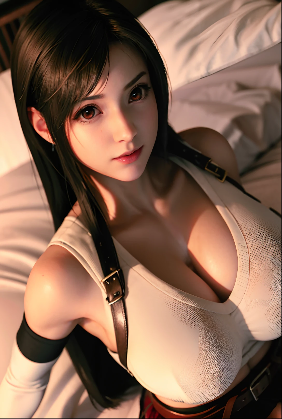 （realisticlying：1.4），top Quority，very fine and beautiful，A high resolution，1girll，tifa_lockhart，ssmile，cowboy lens，Harnes，Low Waist，mini-skirts，vests，Tension shirts，brunette color hair，long whitr hair，gloves on the elbow，Beautiful detailed red eyes，Face light，cinmatic lighting，nabel，High exposure，Abdominal exposure，the ribs，Abs，（gigantic cleavage breasts：1.2），dynamicposes，dynamic angle，Chest exposure，expose feet，Lie down in bed