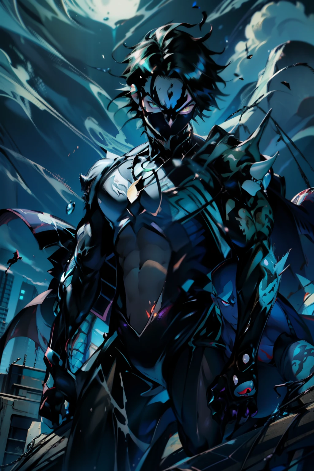 《the original god》Arataki Kazuto , male people, chest muscle, Sexy , Venom symbiote for your body, Black mucus of the body , into venom, venomize,Black bodysuit,(Cloak),Red cape,Abs,(Adult male)((Venom possession,venom symbiote)),over-Tortoise Man,Battle damage,((Masterpiece)), ((Best quality)), Ultra detailed,((illustration)), Dynamic Angle, Detailed light, (Delicate eyes), Floating, 1boy, Male focus, Head, Clothing, Yellow eyes, necklace, tattoo, (Forehead:0.8), (ahoge:0.8), jewelry, brunette color hair,apathy,Ray, chest muscle, Sexy , Venom symbiote for your body, Black mucus of the body , (into venom), Venom,frontage,Bust photo,White tight-fitting top,spiderman outfit,style of anime4 K, 4K anime wallpaper, Badass anime 8 K, 4 k comic wallpaper, young anime man, Anime boys, Anime wallpapers 4 k, Anime wallpaper 4K, High quality anime art style, Anime moe art style, Anime art wallpaper 8 K, Anime art wallpaper 4 K, RGB lighting,