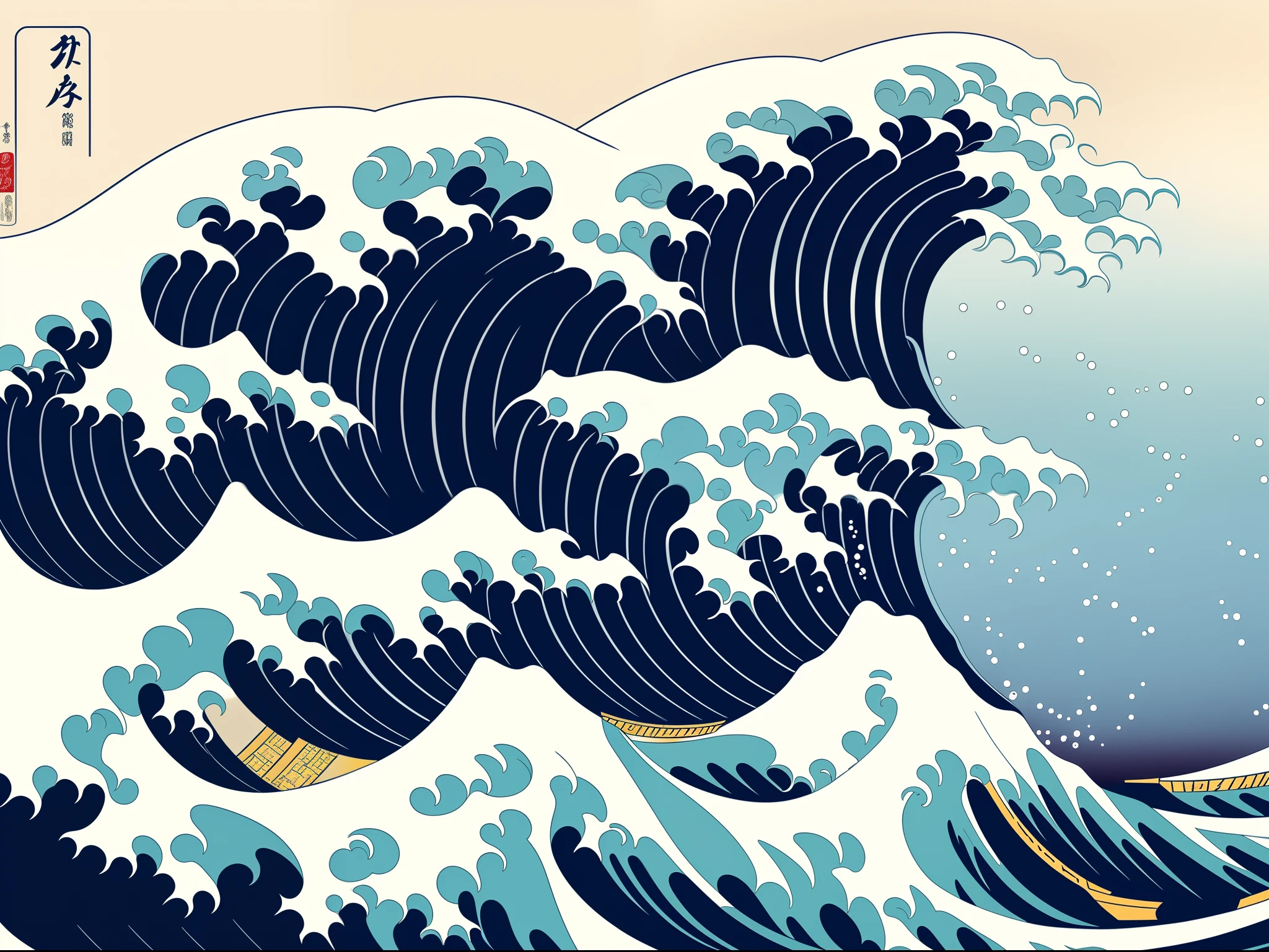 Katsushika Hokusai-style line art design,Hokusai-style dark blue rough wave pattern design,With the highest quality,Masterpiece high-resolution ukiyo-e style,Artistic style,Ukiyo-e style,3D vector art,Adobe Illustrator,4K resolution,the wing of the sea is the wave,the wave of the sky is the rain,the salt of the rain falls as hail