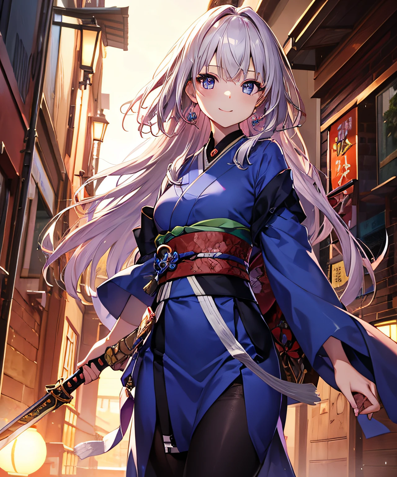 (masterpiece、top-quality)、frontage、独奏、1girl in、A smile、The long-haired、Light purple hair、Hair is disheveled、Adult、strong breeze、In nature、Holding a sword in his hand、Kimono、(1Japan sword of the book)、Straight Metal、with handlemetal、Hold the handle in your hand、