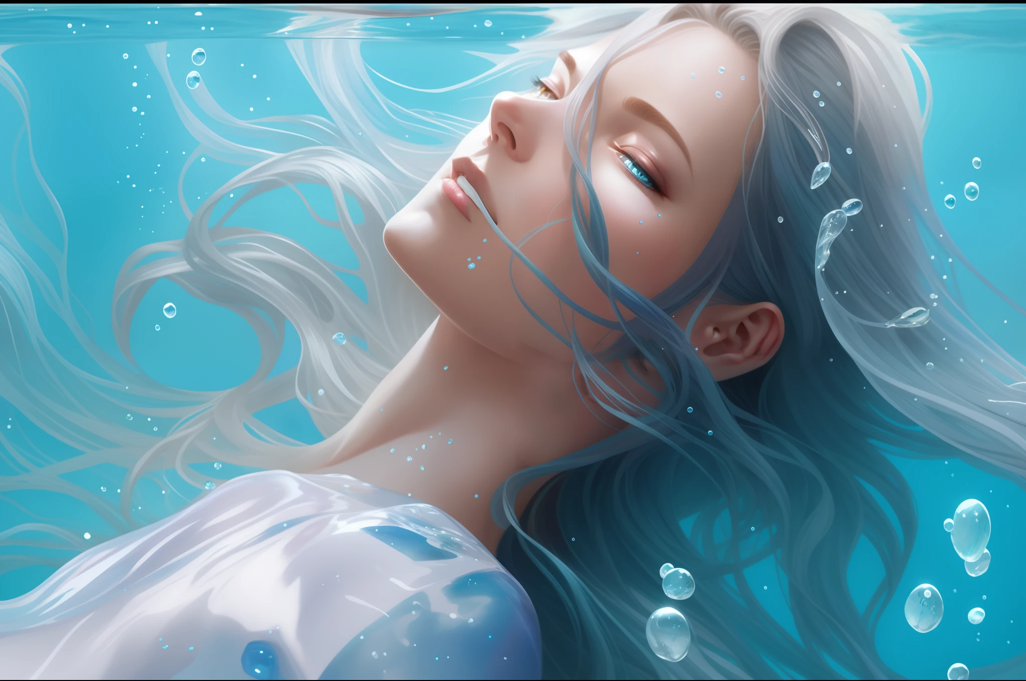 Draw a woman with long hair and blue eyes in the water, 4K ultra-clear comic style,closeup fantasy with water magic, NeoArtcore和Charlie Bowater(charlie bowater),magali villeneuve', hyperrealistic fantasy art, artgerm detailed, Moebius + Art germ, water everwhere fantasy