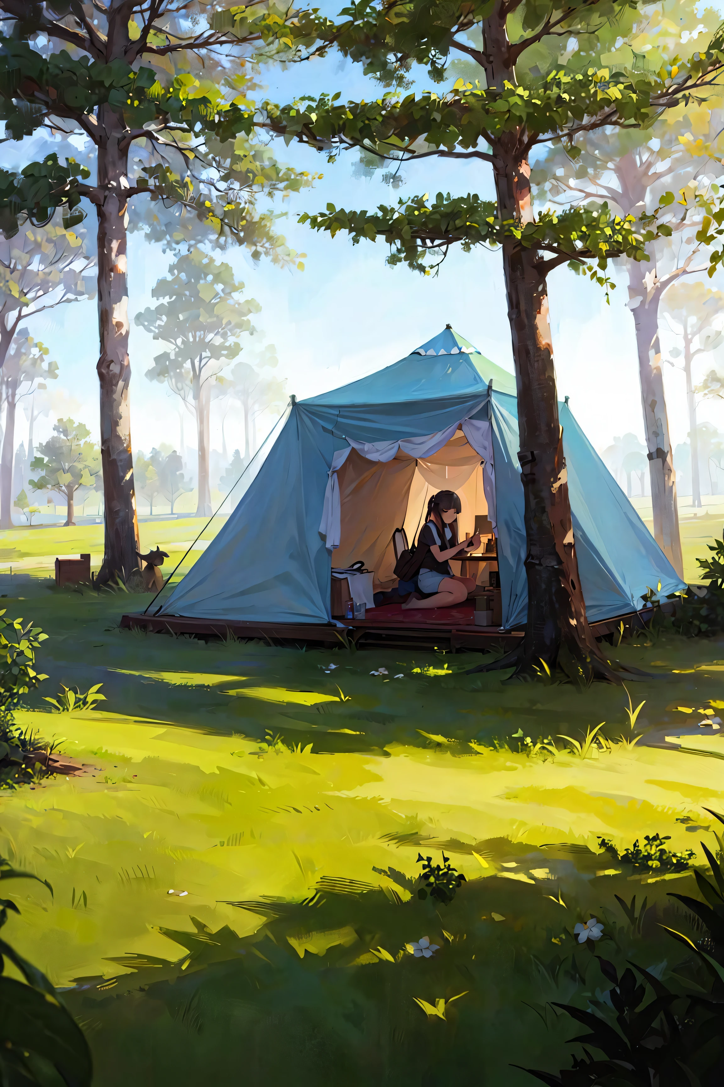 Masterpiece, highres, girl, (travel lady), forest, trees, mounts, tent, picnic, adventure
