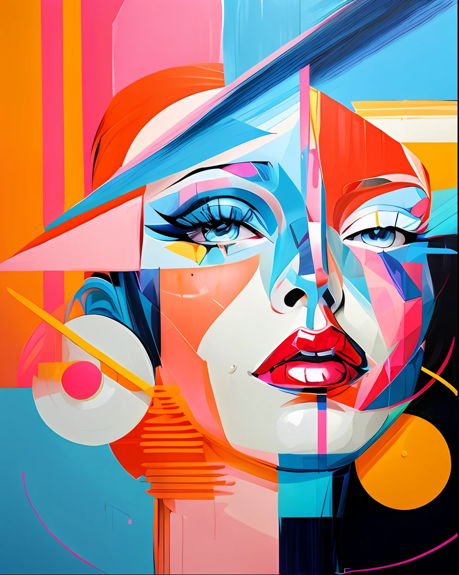 painting of a woman with a colorful face and a blue hat, nielly, abstract portrait, abstract face, inspired by Sandra Chevrier, pop art painting, jen bartel, a pop art painting, painting by android jones, expressive beautiful painting, in style of digital illustration, contemporary painting, by Lee Loughridge, geometric abstract beauty, by Tony Sart