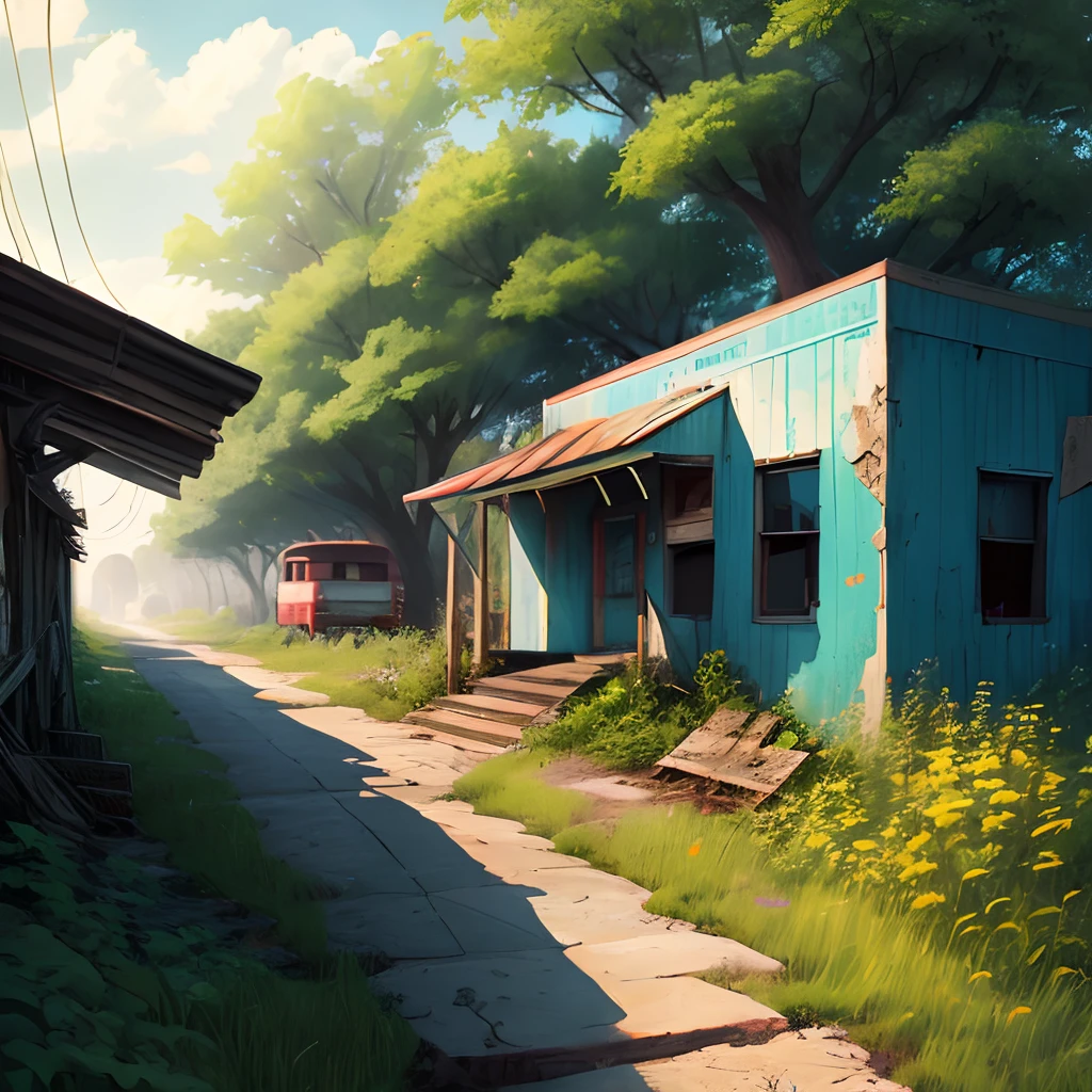 small_town, usa, suburbia, vibrant, colorful, overgrown, (post_apocalyptic:0.8), reclaimed_by_nature, verdant, idyllic, sublime, absurdres, hyper-realism, textured, maximum_detail, dslr