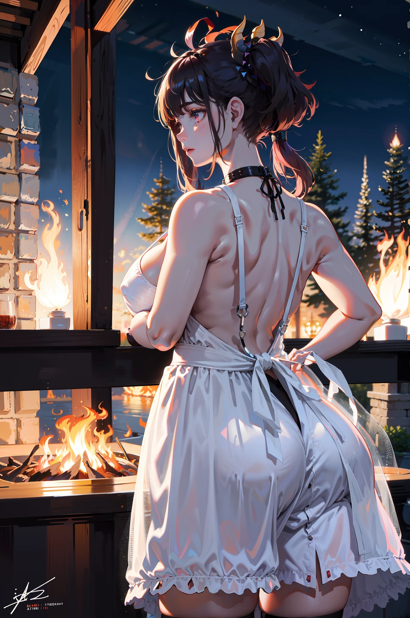 32K,tmasterpiece,Faraway view,((extremely huge breast)),Collar,three-point style,aprons,Reflective glossy leather,slightly fat big breasts,Enlarged buttocks,(best qualtiy), detailedbackground,Black girl, terroral, bionicle, succubi,Long horn,coda,the night,bonfires,stars,Ass focus,tmasterpiece,Faraway view,Two pink bumps,slightly fat big breasts,potbelly,Fat super ass,Ultra-transparent fishing nets,florals,Inside T,Unoccluded,super breasts