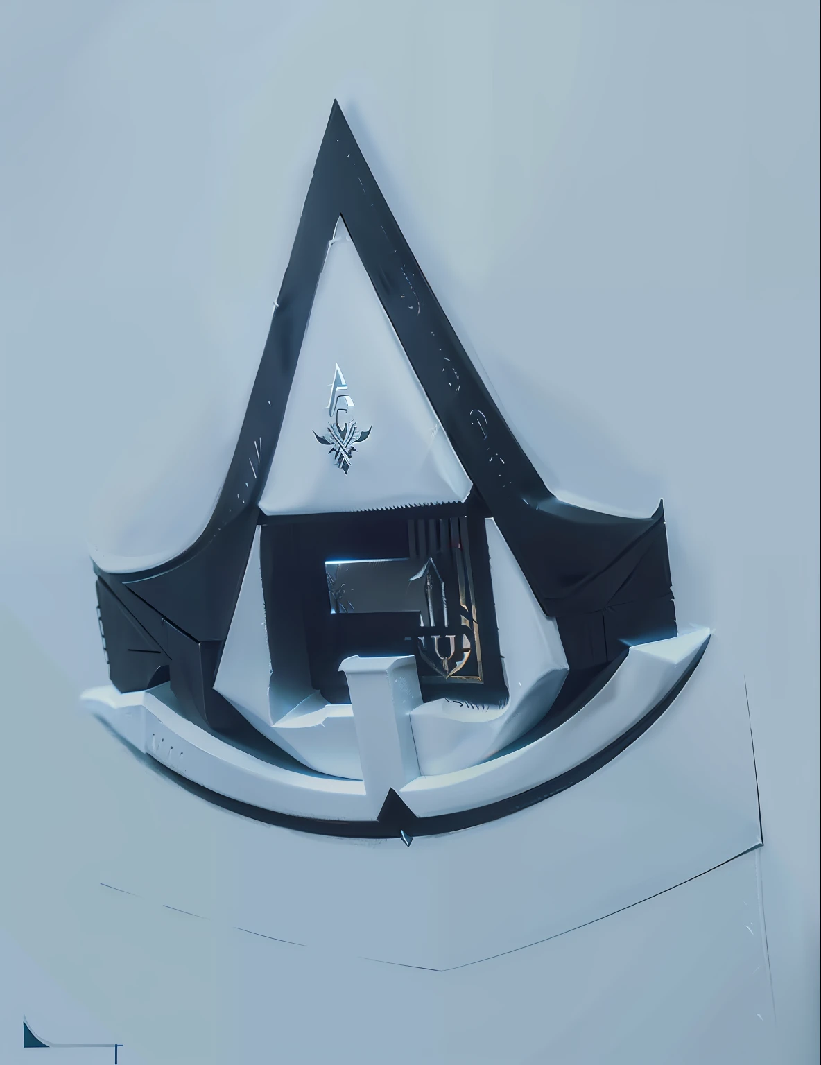 Close-up of logo on white paper with black arrow, Assasin, assassins creed, assassins, assassins creed, ancient symbol behind it, assassins, Show on the《Assassin's Creed 3》Curly, Inspired by Adolf Holzel, letter a, official fan art, concept art-h 640, author：Anna Heifesch, Fan art