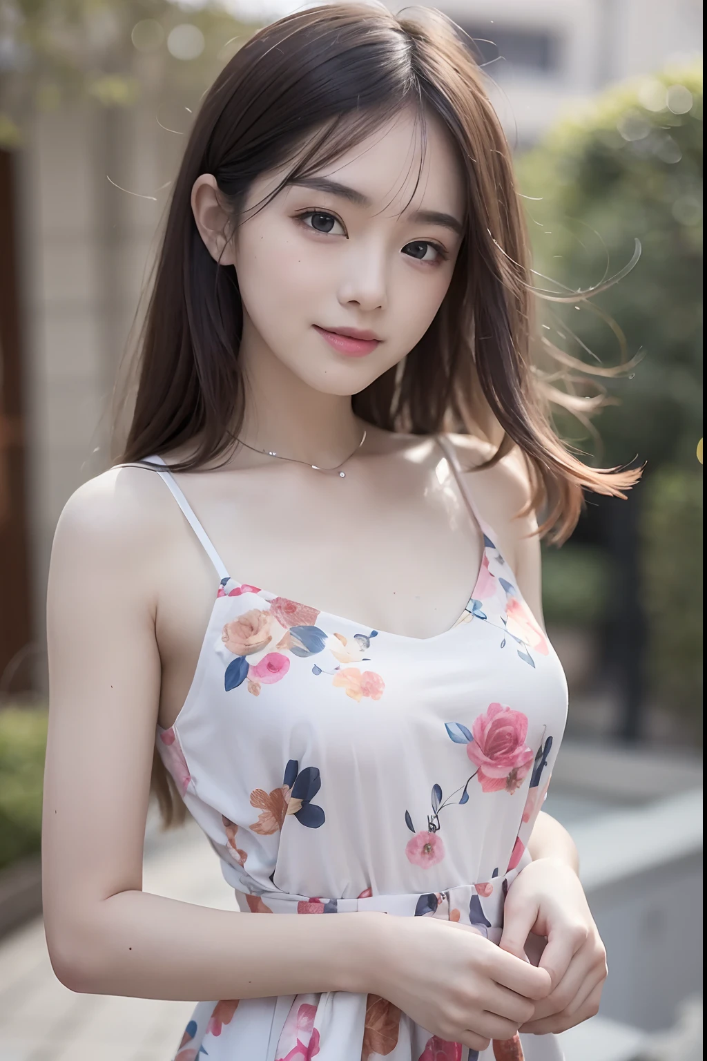 (8K RAW photo，Photorealistic:1.25)，(Best quality，超高分辨率)，colors full，The light is gentle，Quiet and happy girl，Focus your eyes，Rich lip gloss，Glossy glossy skin，naturalshadow，Enhanced depth of field:1.6，Background colored lights focused:1.2，Youthful natural makeup，Cloudy day shooting，slender eyes，Cheerful expression，A distant light flashes in his eyes，24 years of age，Floral gauze dress。